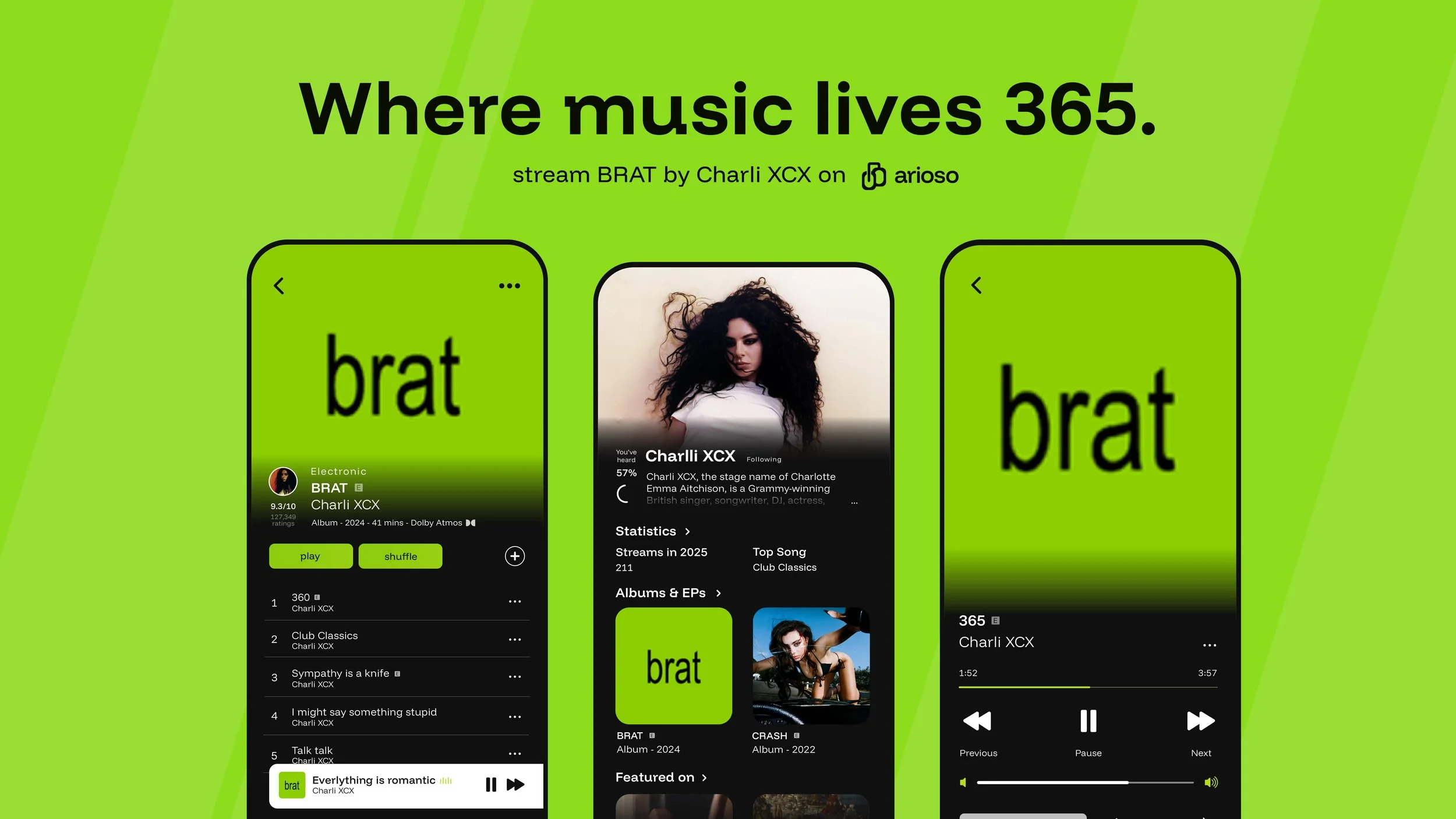 Green background with three smartphone screens displaying the streaming app ARIOSO featuring music by Charli XCX, with the phrase 'Where music lives 365' at the top.
