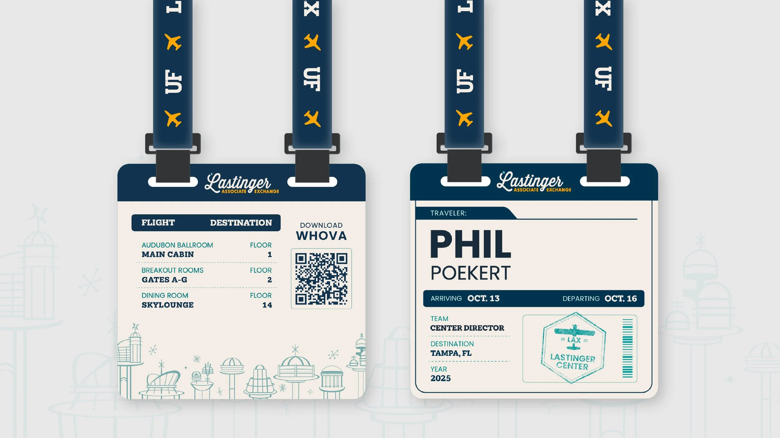 Two digital boarding passes for a flight with the airline Lastinger Associate Exchange, featuring the company's logo at the top with a dark blue background. The passes are attached to navy blue lanyards with orange airplane icons and the text 'UF' on them. The left boarding pass displays flight details including departure from Audubon Ballroom, main cabin on floor 1, gate A-G on floor 2, and Sky Lounge on floor 14, along with a QR code for download. The right boarding pass shows traveler information for Phil Pokert, arriving on October 13 and departing on October 16, with destination Tampa, FL, and year 2025, along with a stamp of Lastinger Center and a barcode.