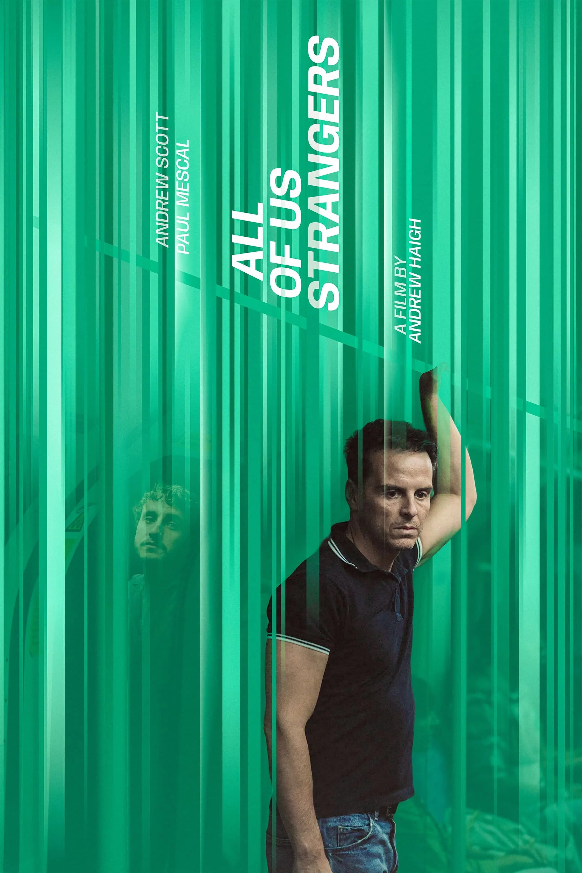 Poster for the film "All of Us Strangers" showing a man in a black polo shirt standing in front of green vertical blinds, with part of his face and arm visible.