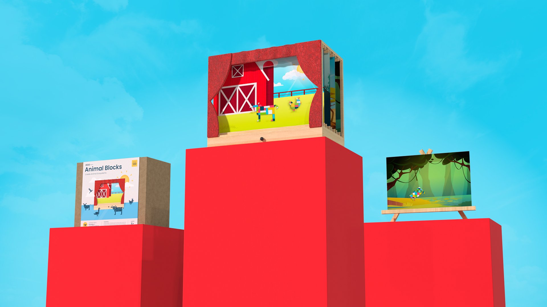 A display of toy animal blocks shaped like farm animals, with a farmhouse background and a forest scene on a small easel, all set against a bright blue sky.