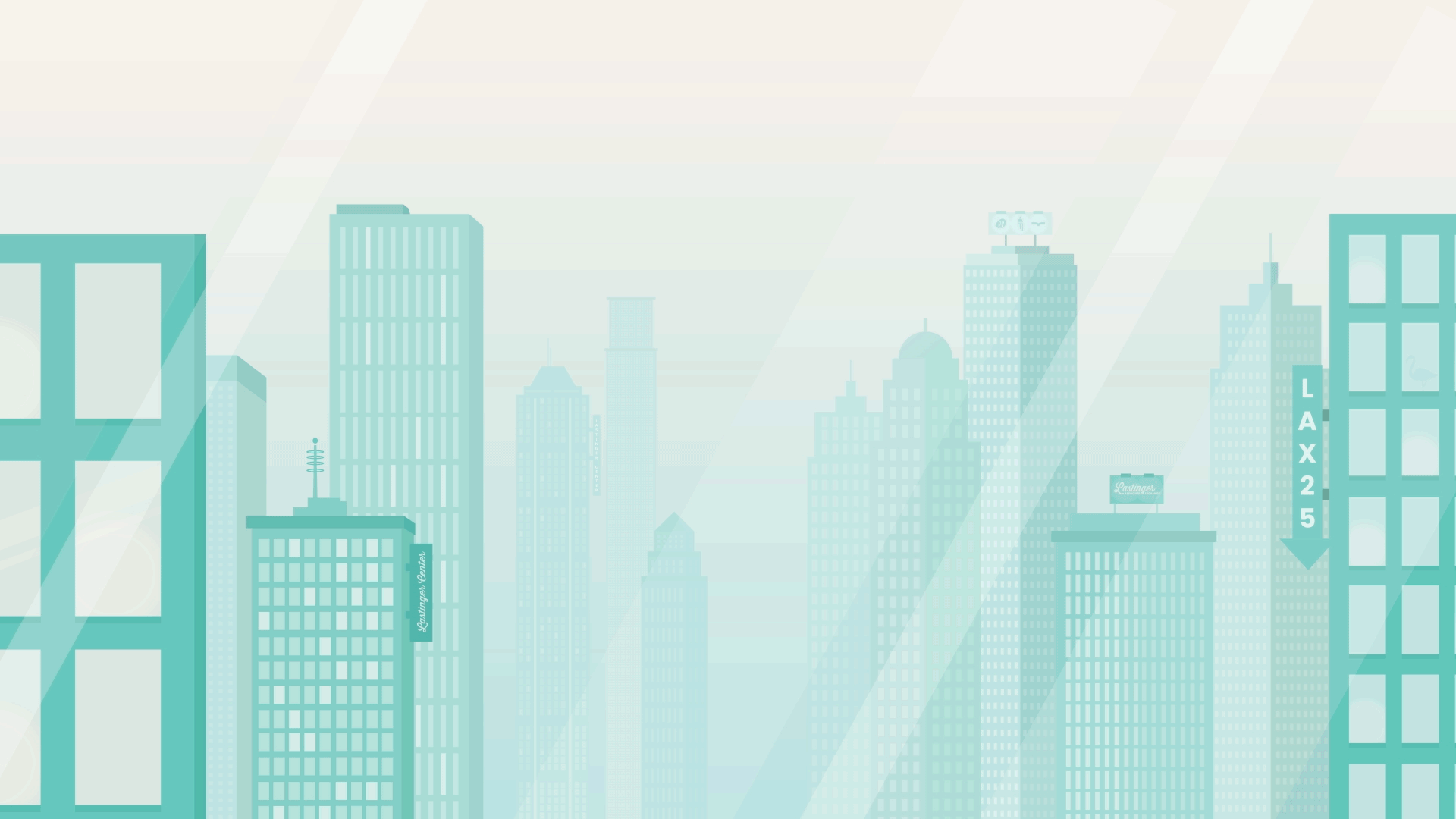 Faded digital illustration of a city skyline with tall buildings and billboards, including one with 'LAX 25'