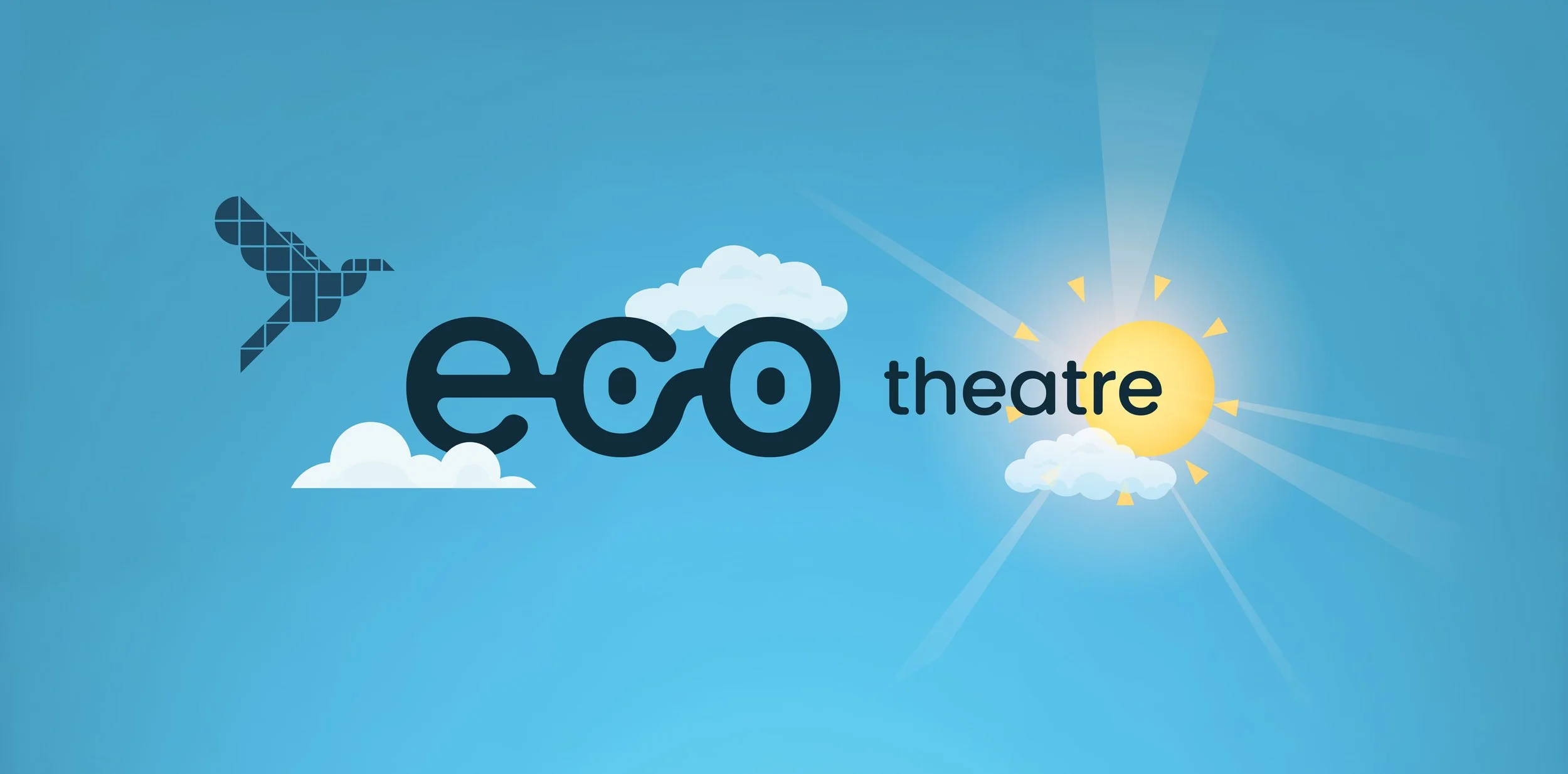 Graphic with blue sky background featuring a pixelated bird, clouds, and a yellow sun with rays. The text reads 'eco theatre'