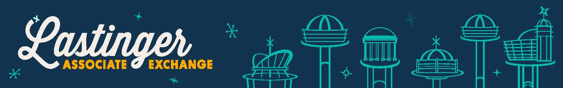 Lastinger Associate Exchange banner with a dark blue background, white and yellow text, and outline illustrations of observatory domes and towers.