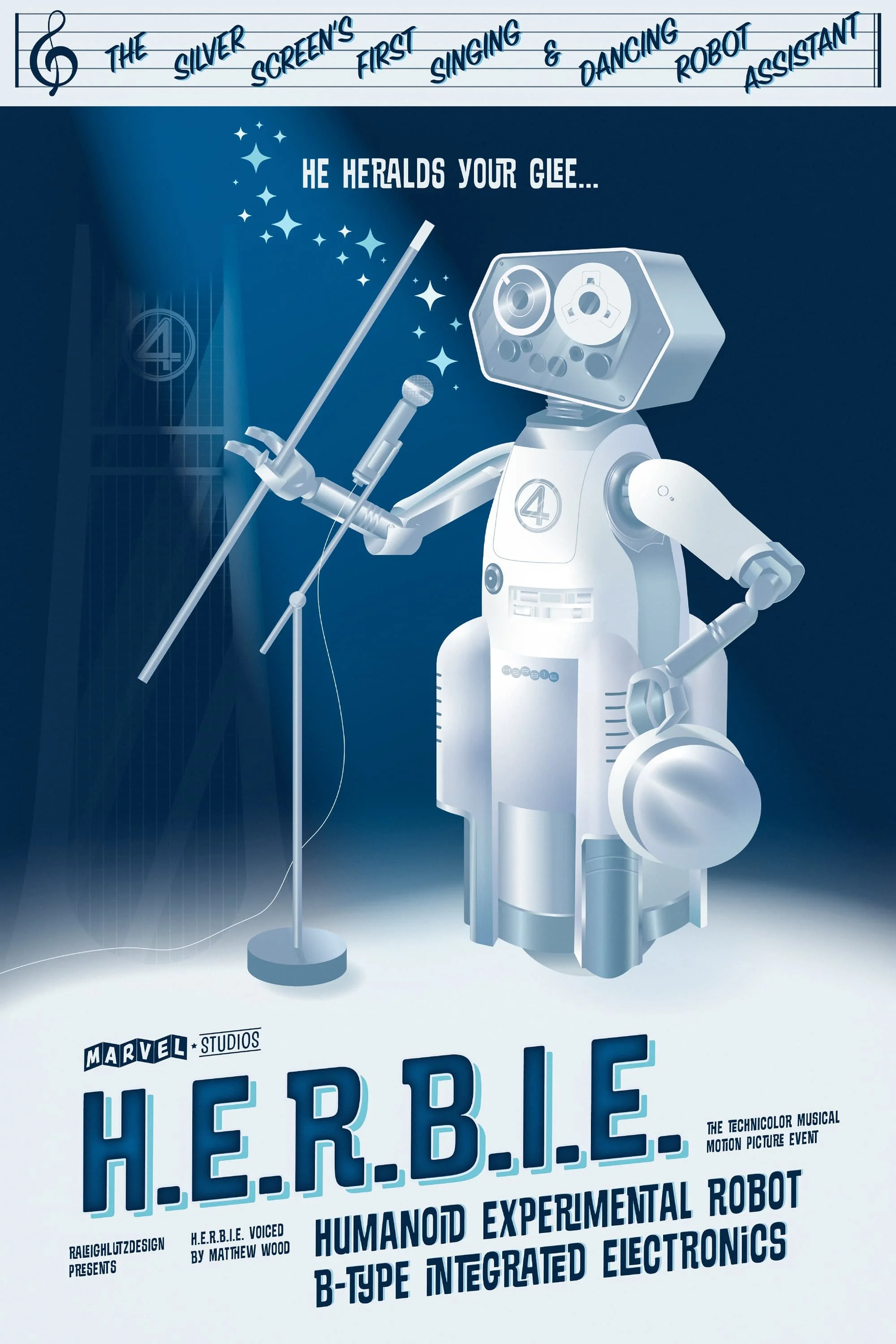 A vintage movie poster for Marvel Studios' H.E.R.B.I.E., a humanoid experimental robot with B-type integrated electronics. The robot is singing on stage with a microphone, holding a microphone stand.