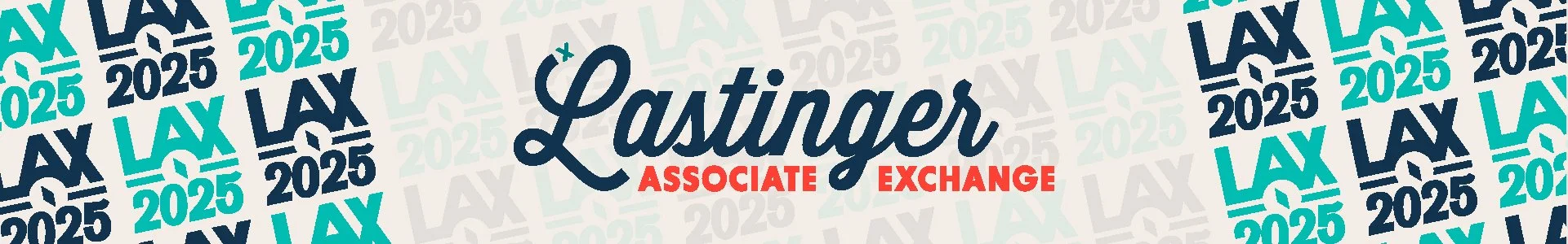 Logo for the 'Lastinger Associate Exchange' in stylized font, 'Associate Exchange' in red, and the event name repeated in a patterned background in shades of teal, navy, and light gray.