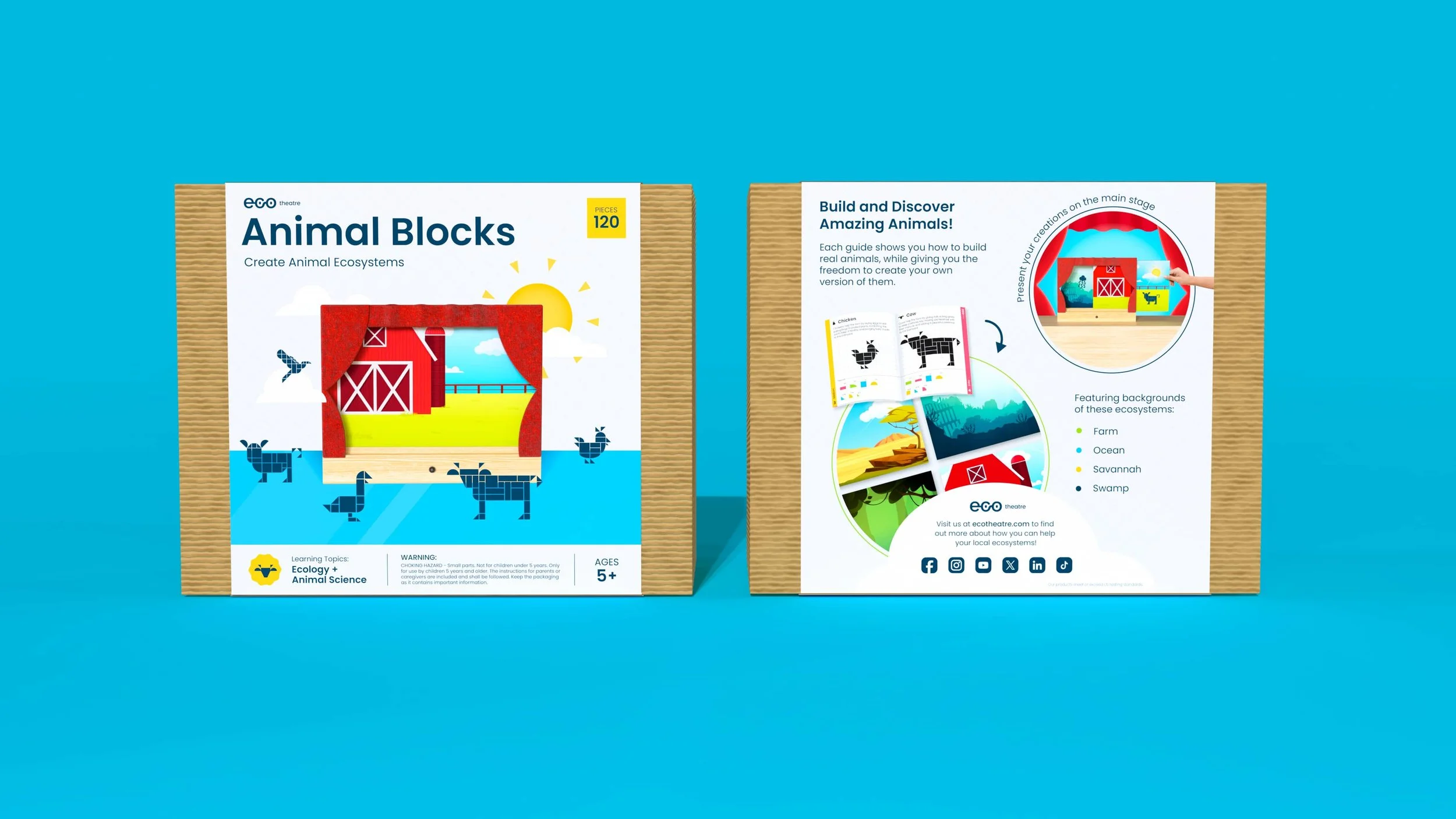 Educational animal blocks toy box with farm illustration and colorful animal habitats, designed for children ages 5 and up.