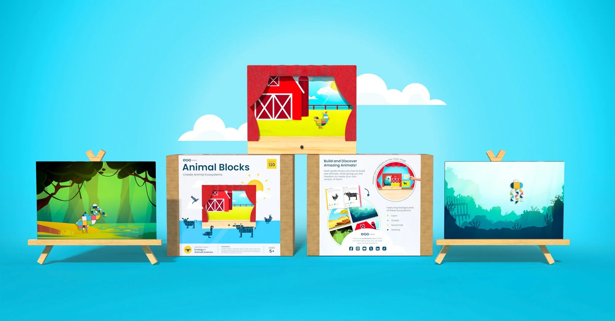 Set of educational animal block kits, with two small cardboard displays showing completed animal designs, and a box with information about building animal ecosystems, against a blue background.