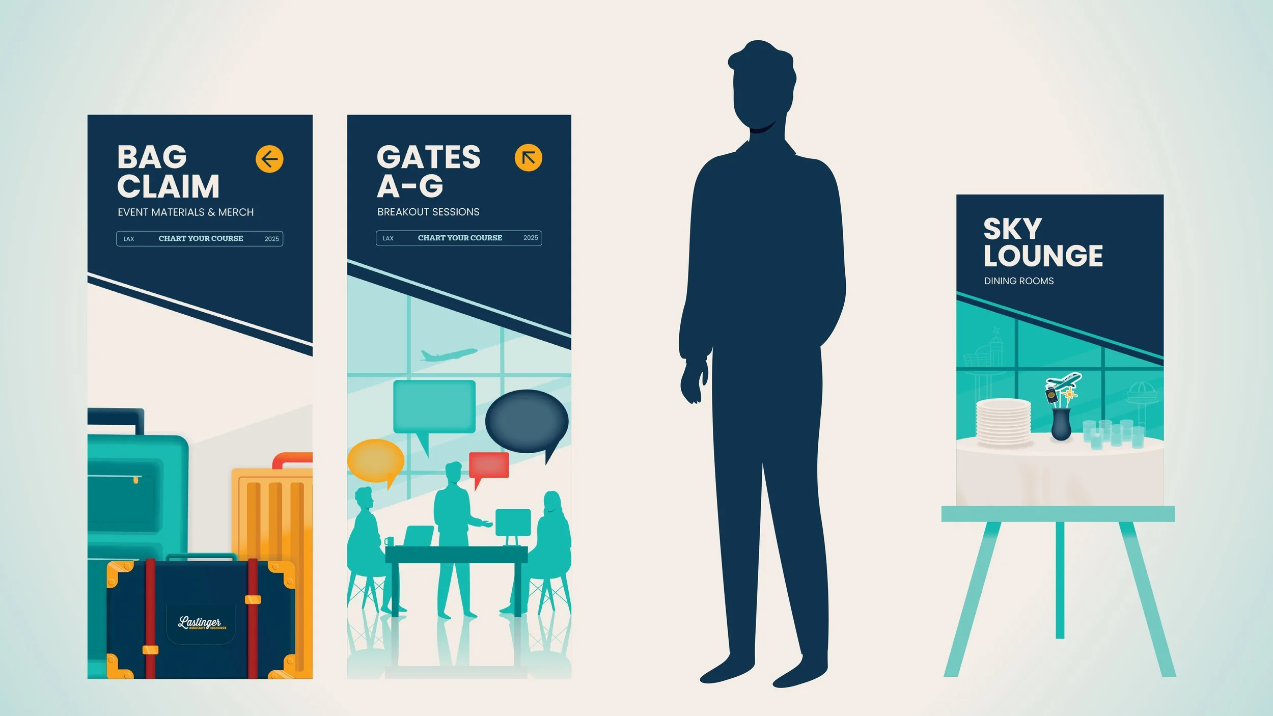 signage with three boards displaying information for baggage claim, gates A-G, and sky lounge, with a silhouette of a person and a table with plates and refreshments.