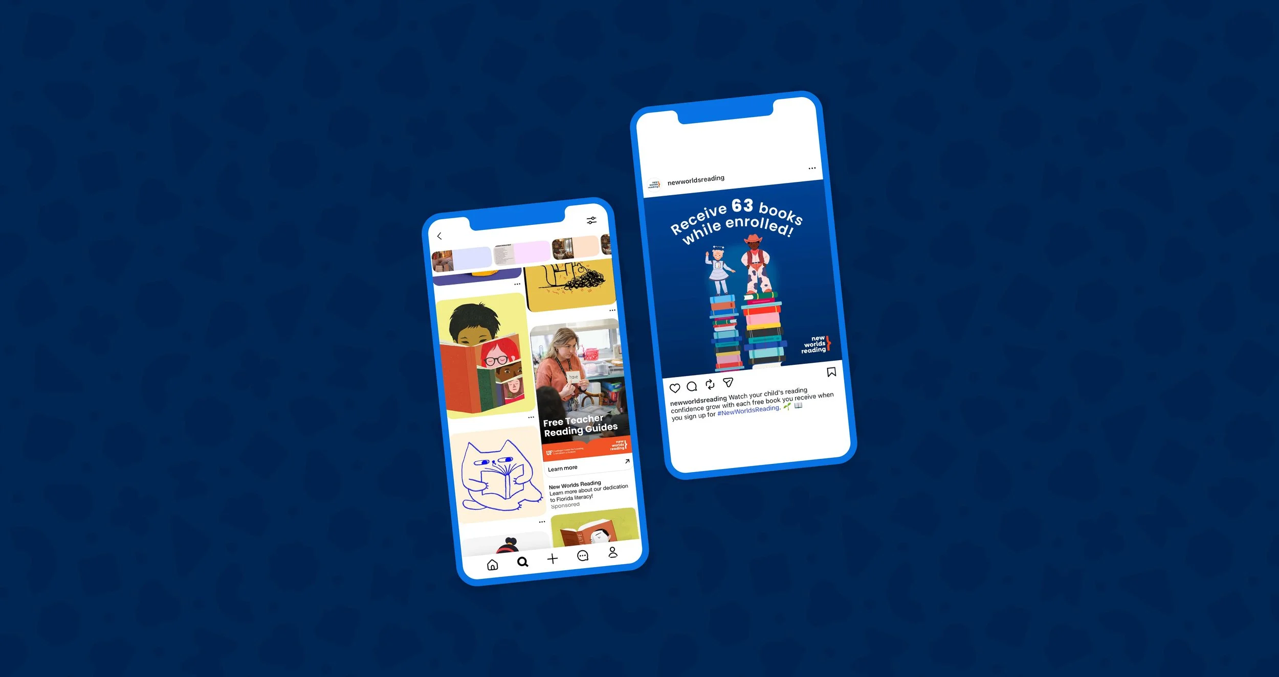 Two smartphones displaying reading-related content. The left phone shows colorful images, books, and photos of children, with text about free teacher reading guides. The right phone displays a blue background with white text that says "Receive 63 books While enrolled!" and illustrations of two children standing on stacks of books.