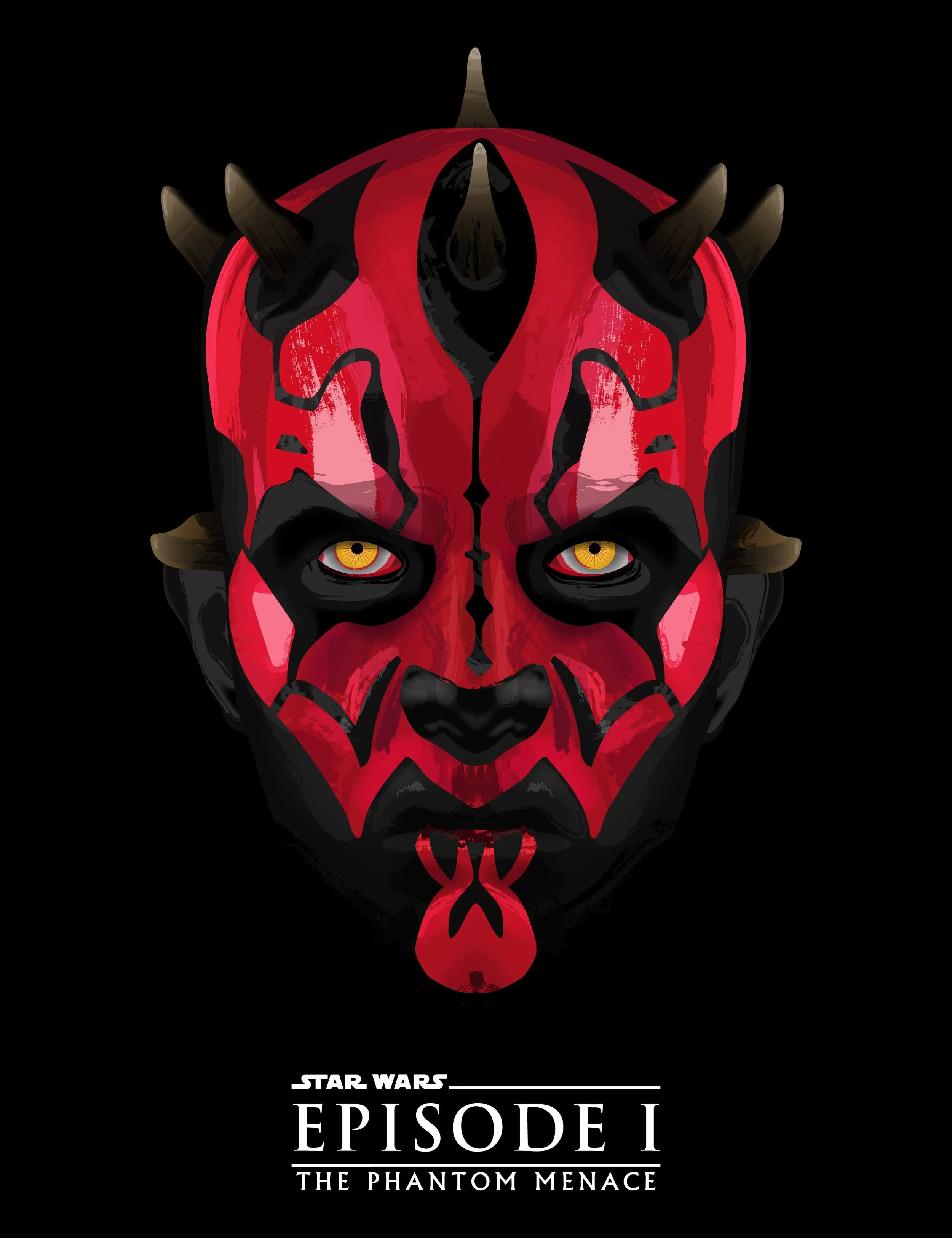Digital artwork of Darth Maul's face mask with red and black patterns, yellow eyes, and horns, with "Star Wars Episode I: The Phantom Menace" text below.