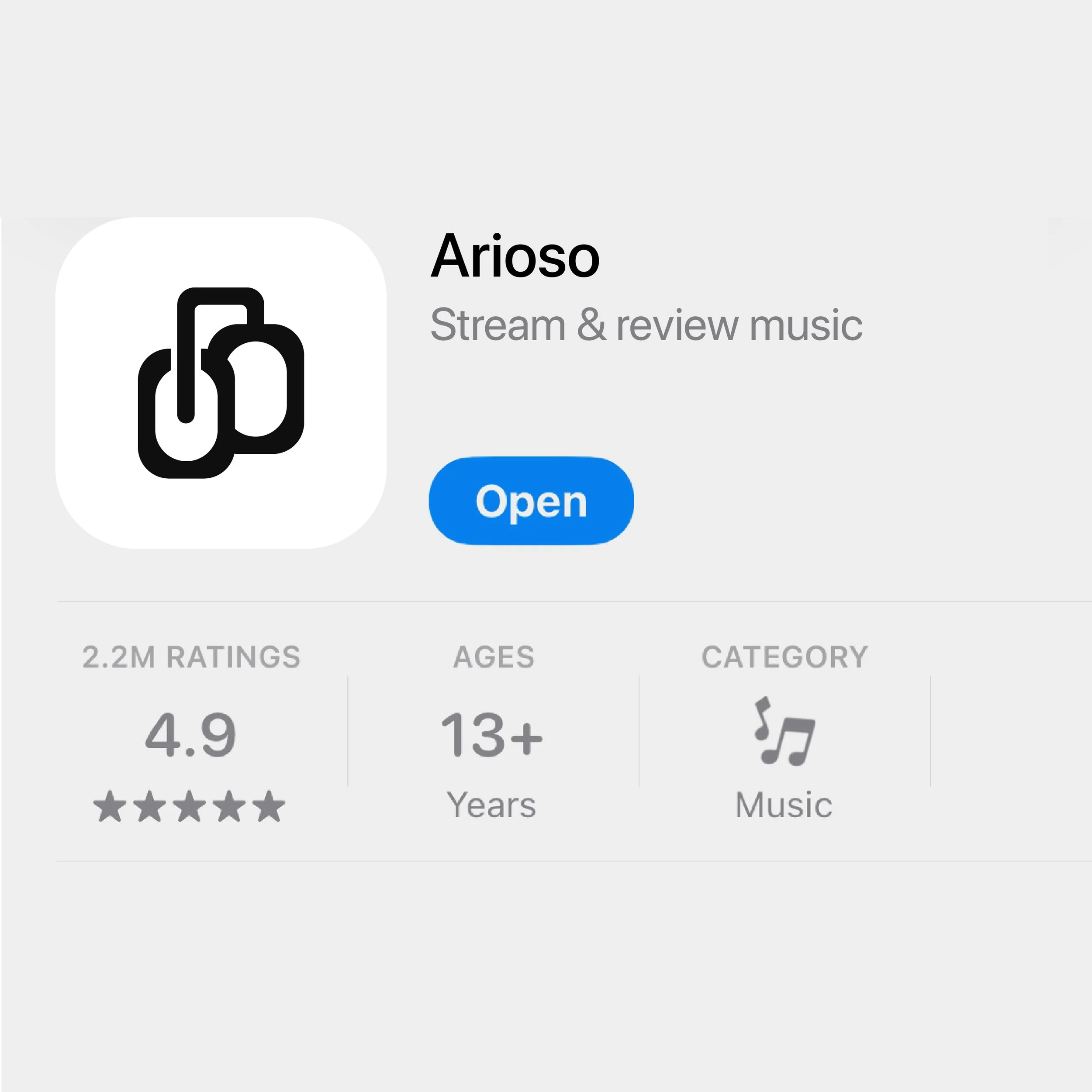 App store listing for Arioso music app, showing logo, name, description, open button, ratings of 4.9 out of 5 from 2.2 million ratings, age 13+, and category music.