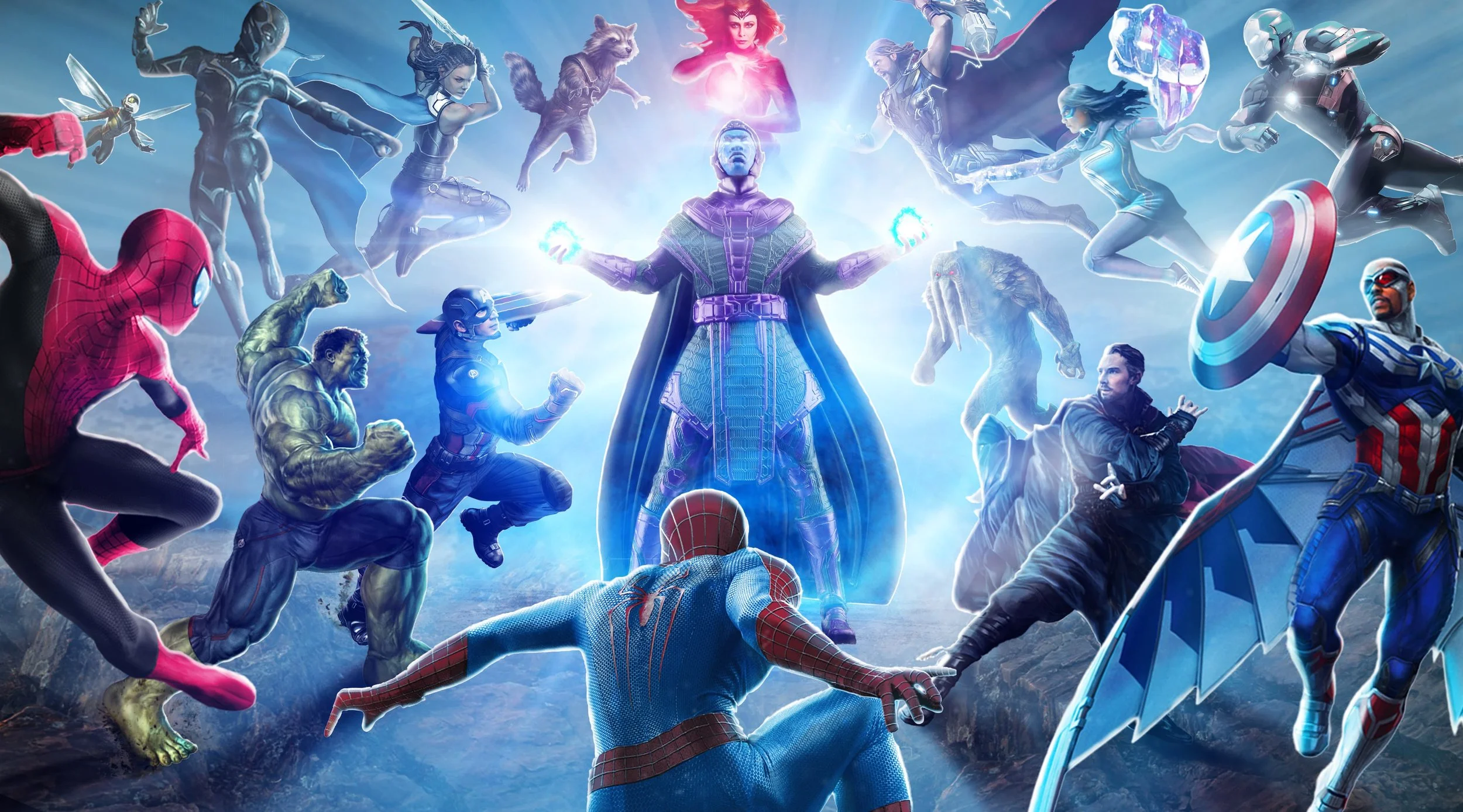 A large group of Marvel superheroes, including Spider-Man, Iron Man, Captain America, Hulk, Thor, Black Widow, Doctor Strange, and Scarlet Witch, all gathered in a heroic pose with a bright light shining behind them.