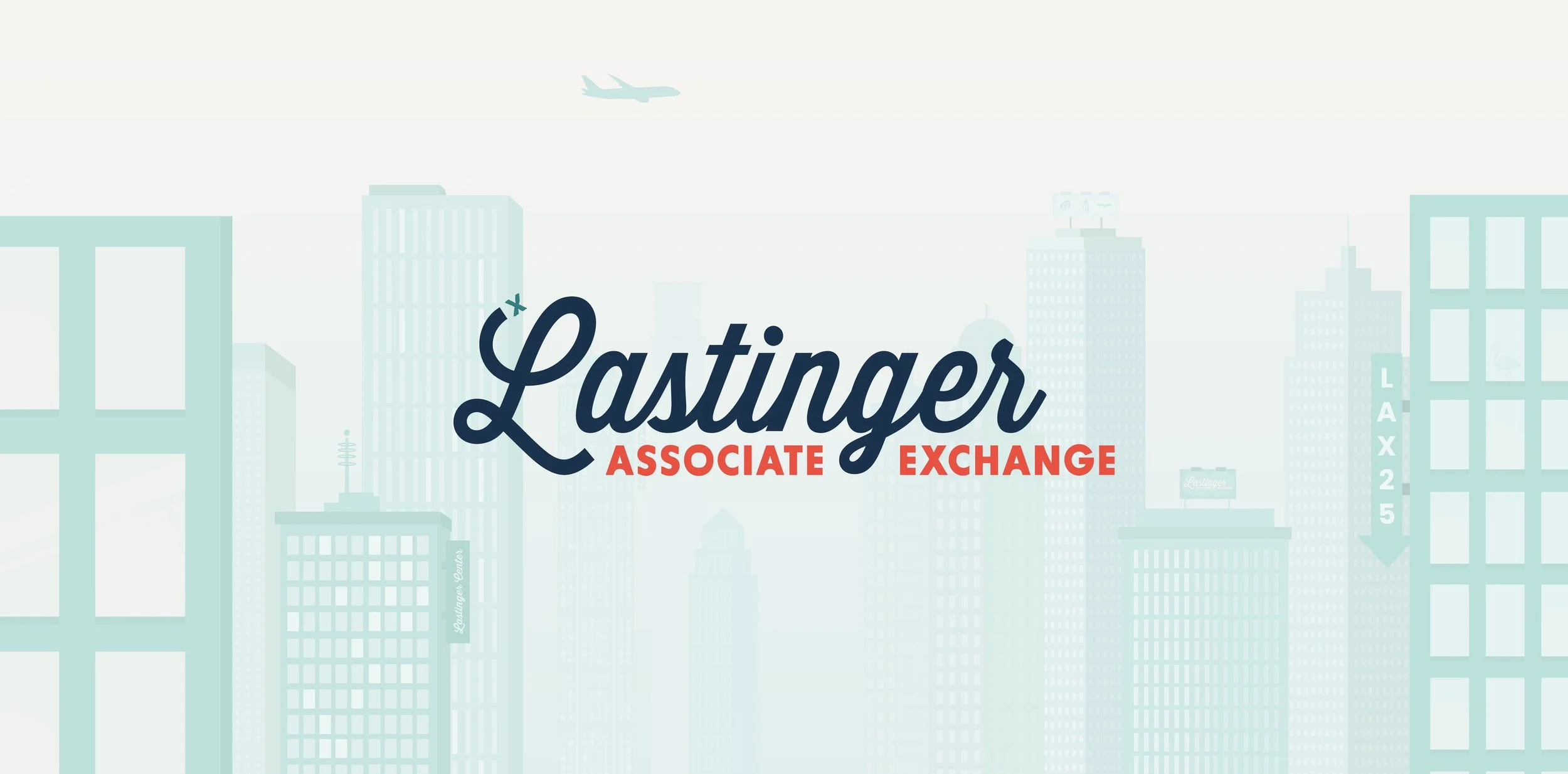 Skyline of buildings with the text 'Lastinger Associate Exchange' in the center and an airplane flying above.
