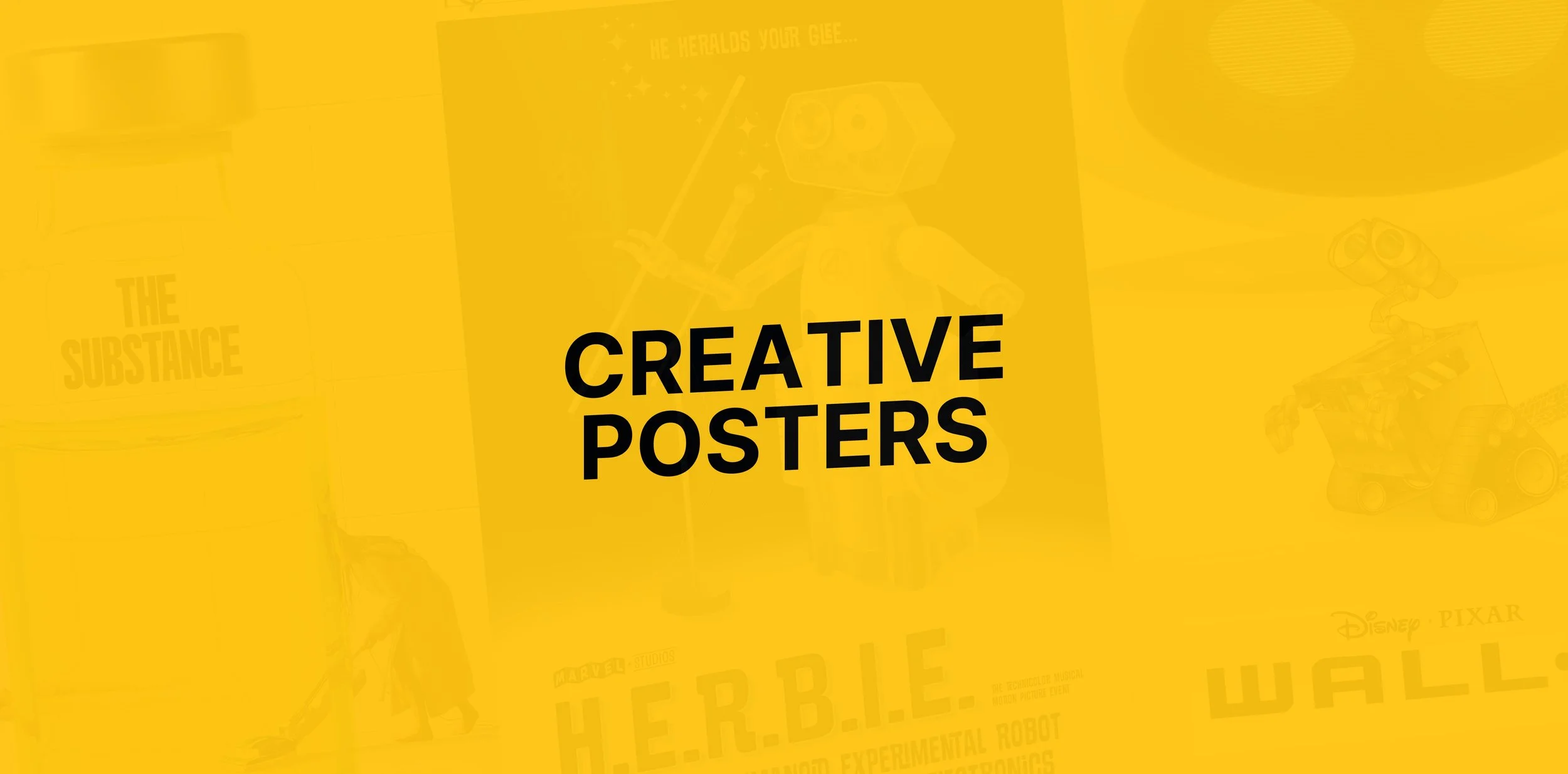 Yellow background with the text "CREATIVE POSTERS" in bold black font at the center.