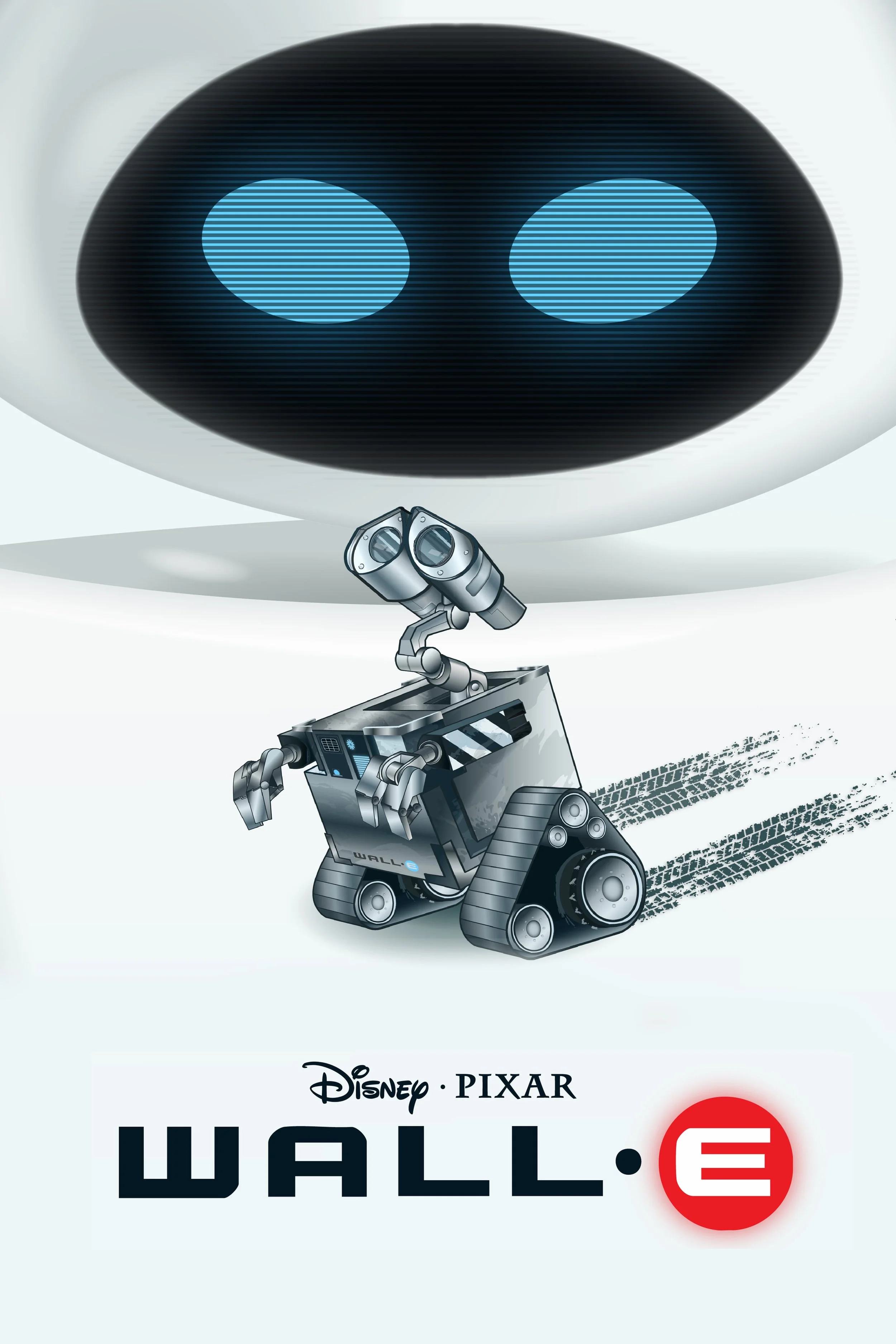 Animated robot with tank treads and a tracking device on its back, looking up at a large, black, circular object with two blue lights.