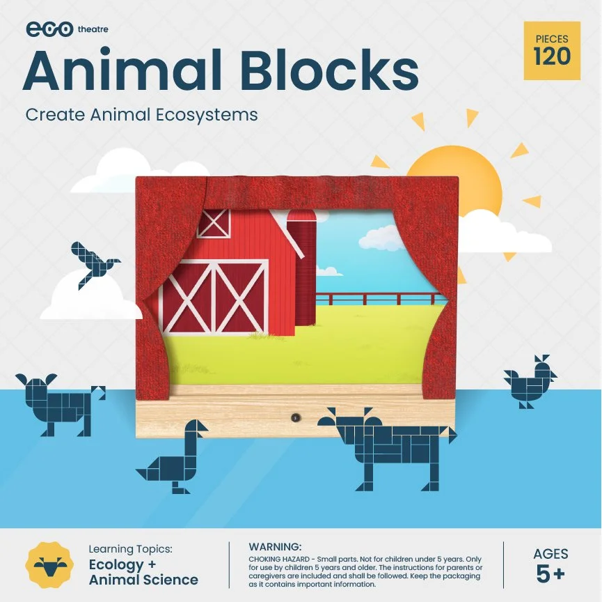 Box of eco-friendly animal blocks toy with plastic barn and farm scene, featuring digital illustrations of barn animals and farm landscape.