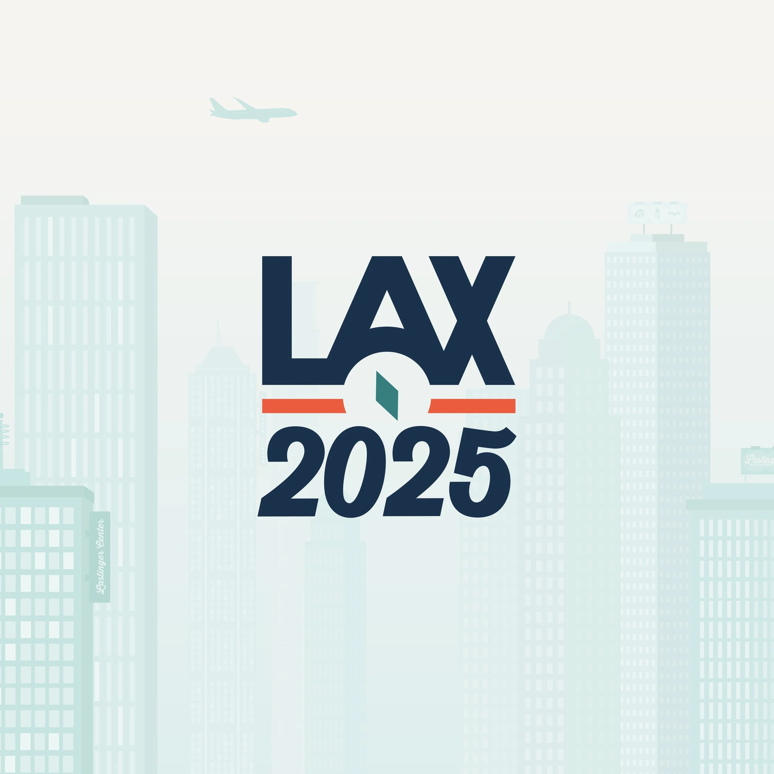 Logo for LAX 2025 with a city skyline in the background, including tall buildings and an airplane flying overhead.