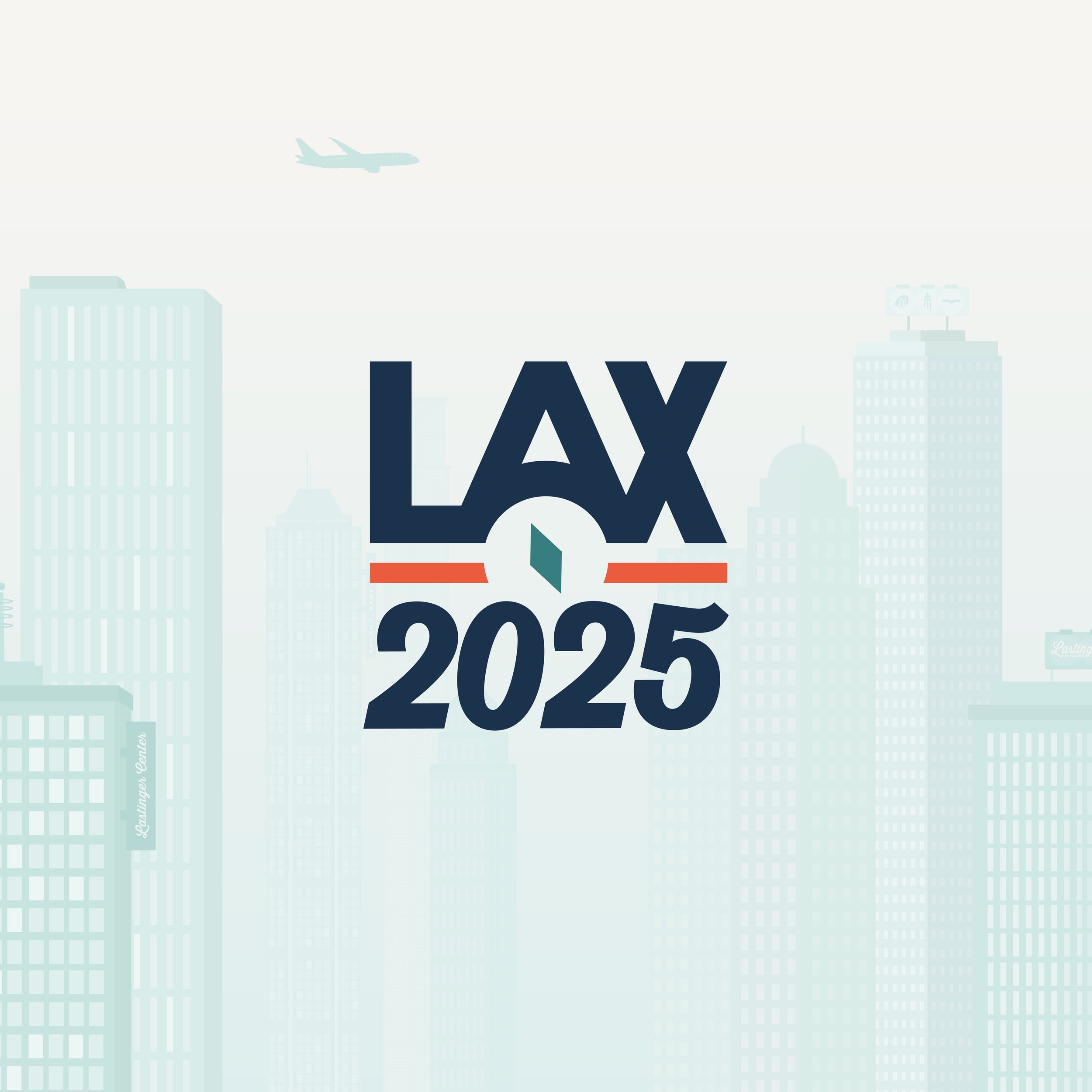 Graphic promoting Lastinger associate exchange conference in 2025, featuring a cityscape background with tall buildings and an airplane flying above.