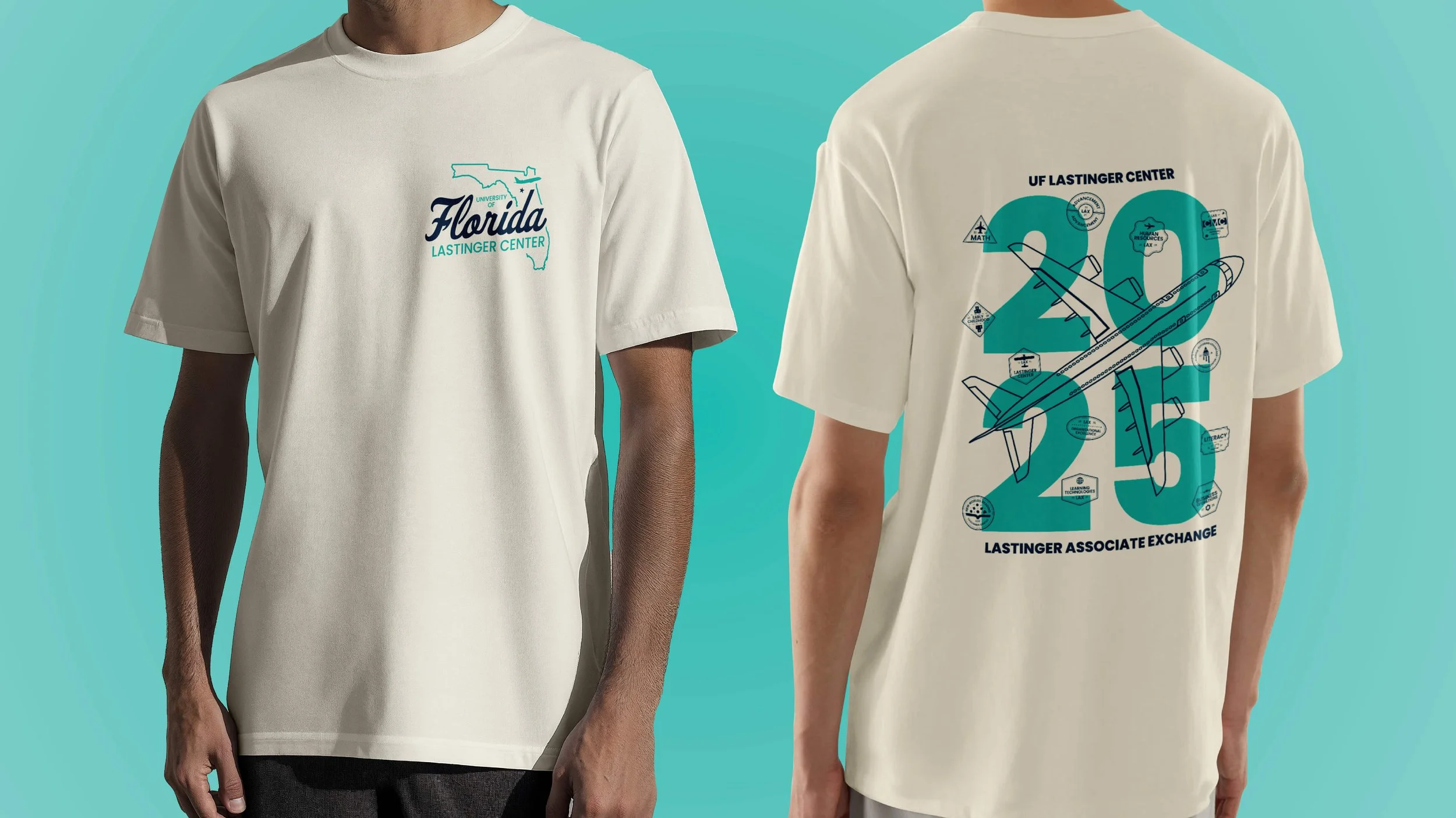 Two white T-shirts with Florida-themed designs, one showing a small map of Florida with text "University of Florida Lastinger Center" and the other featuring large numbers "2025" with an airplane graphic and various small icons, all on a teal background.