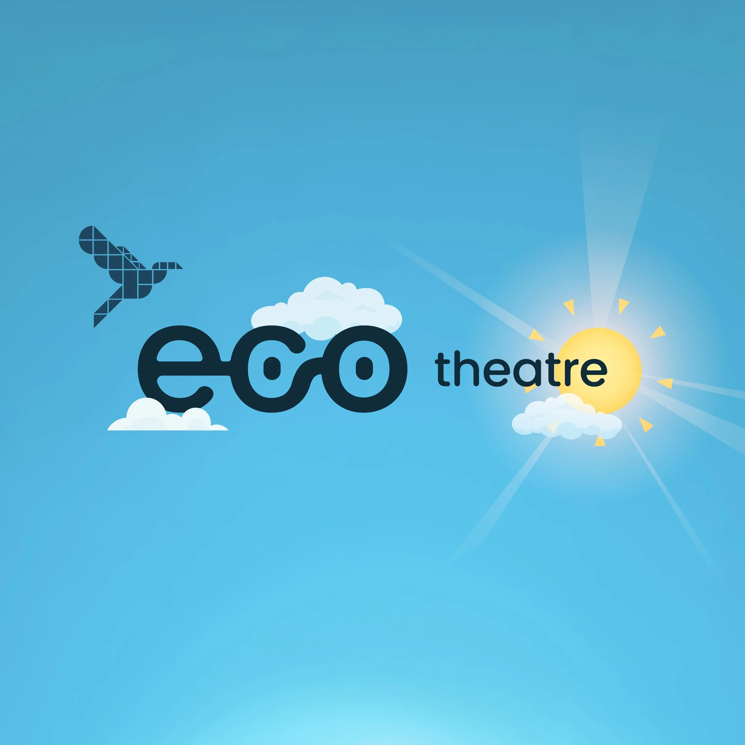 A graphic with the text 'eco theatre' over a blue sky background with clouds, a stylized hummingbird, and a bright sun emitting rays.