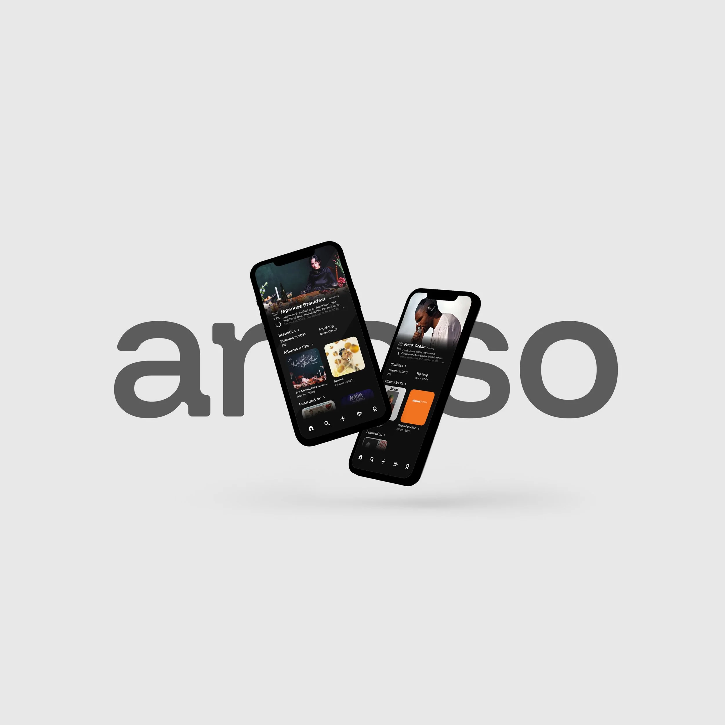Two smartphones displaying music streaming app screens with the arioso logo in the background.