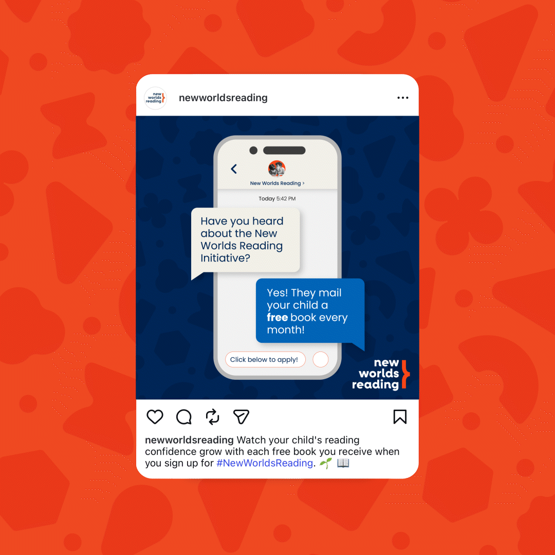 Instagram post from newworldsreading featuring a smartphone displaying a conversation about the New Worlds Reading Initiative, which mails children a free book every month. The post includes a description encouraging parents to sign up for free books for their children, with hashtags and emojis.