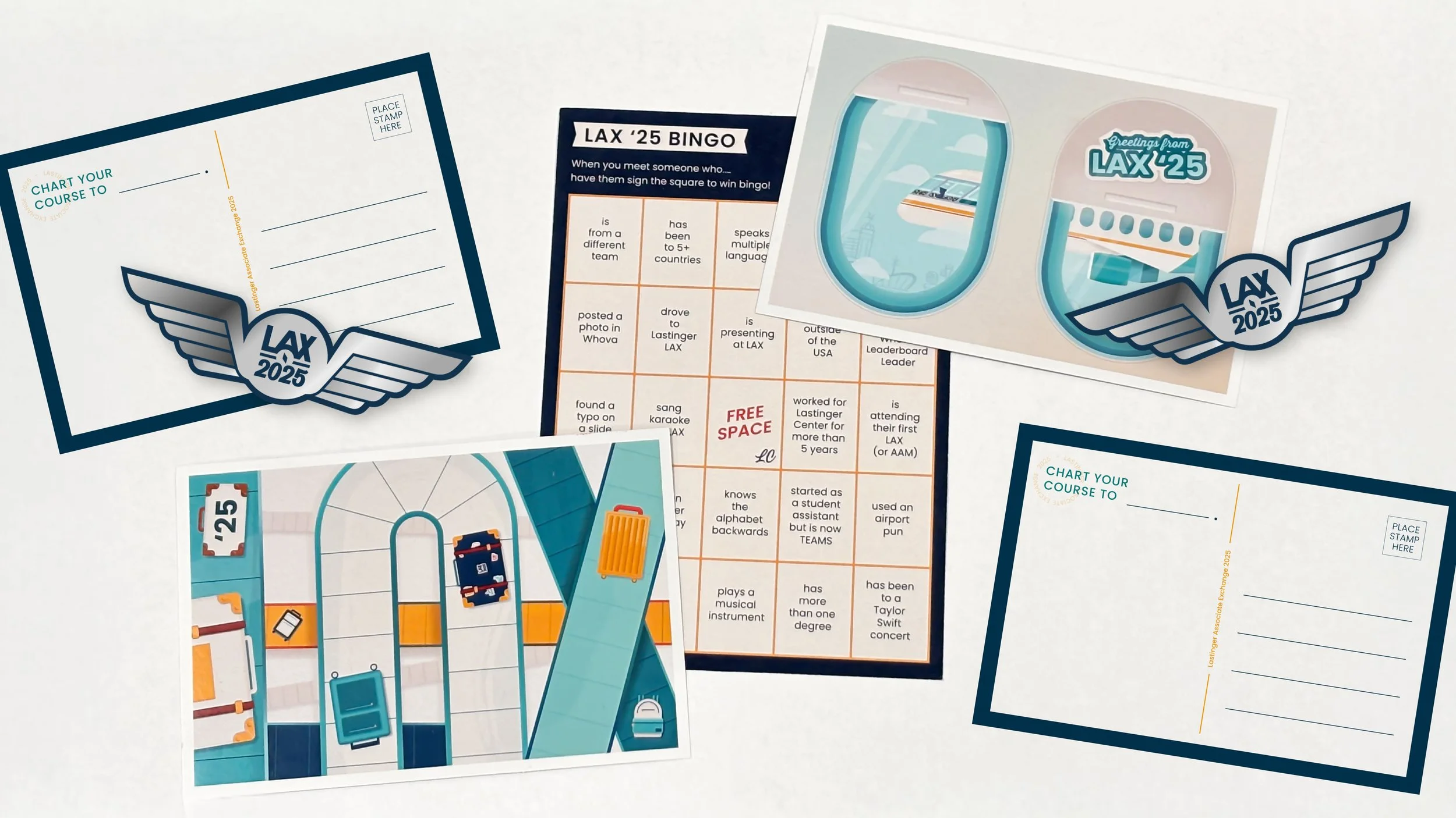 Collection of LAX 2025 airplane-themed materials, including bingo cards, maps, and postcards with airline illustrations and game elements.