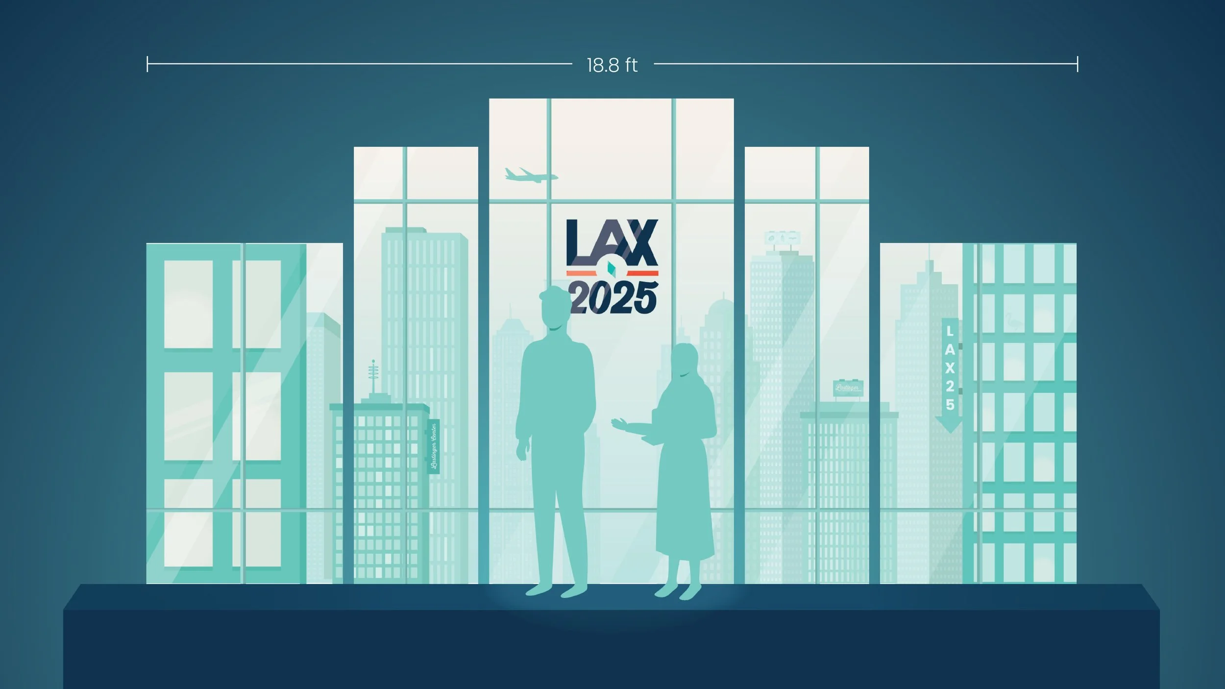 Silhouettes of a man and a woman standing in front of large windows with a cityscape background, featuring tall buildings, an airplane, and signs that read 'LAX 2025'.