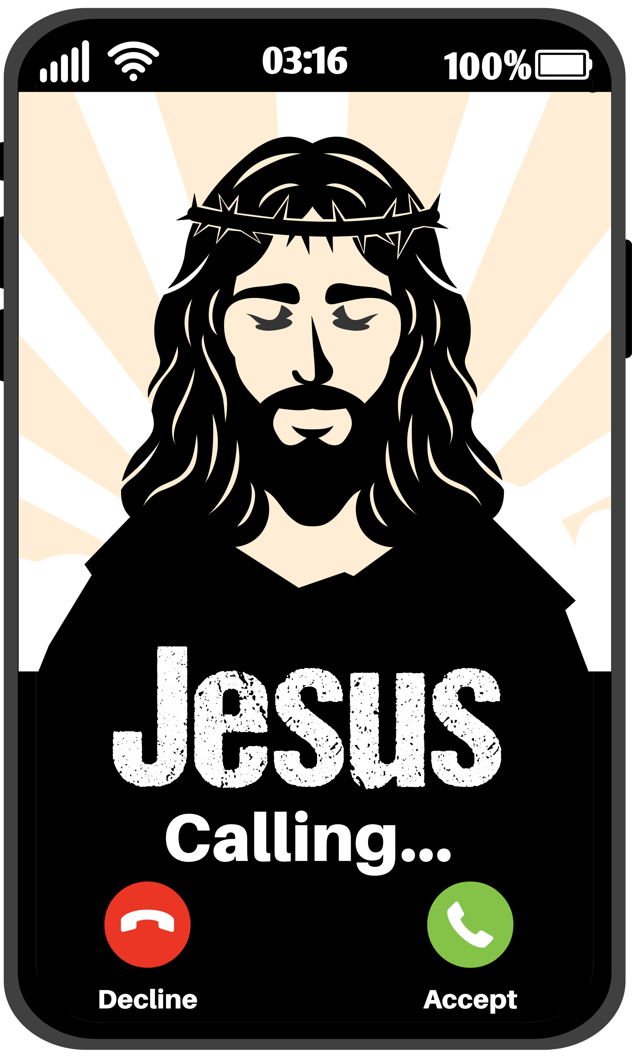 A smartphone screen showing an incoming call from Jesus, with an image of Jesus wearing a crown of thorns, and options to decline or accept the call.