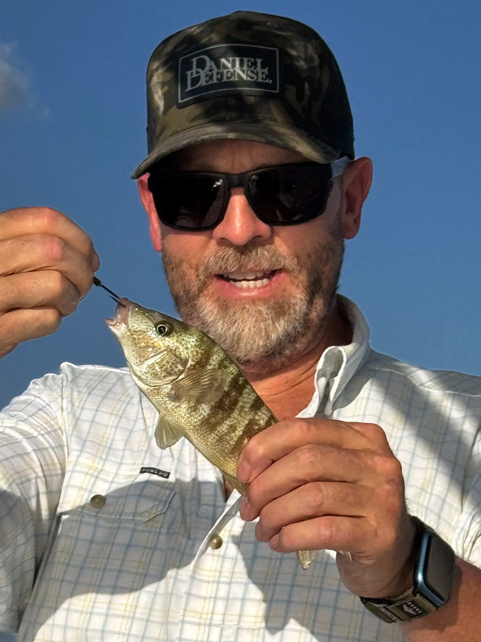 A man wearing sunglasses, a checkered shirt, and a camouflage cap holding a fish he caught against a blue sky background.