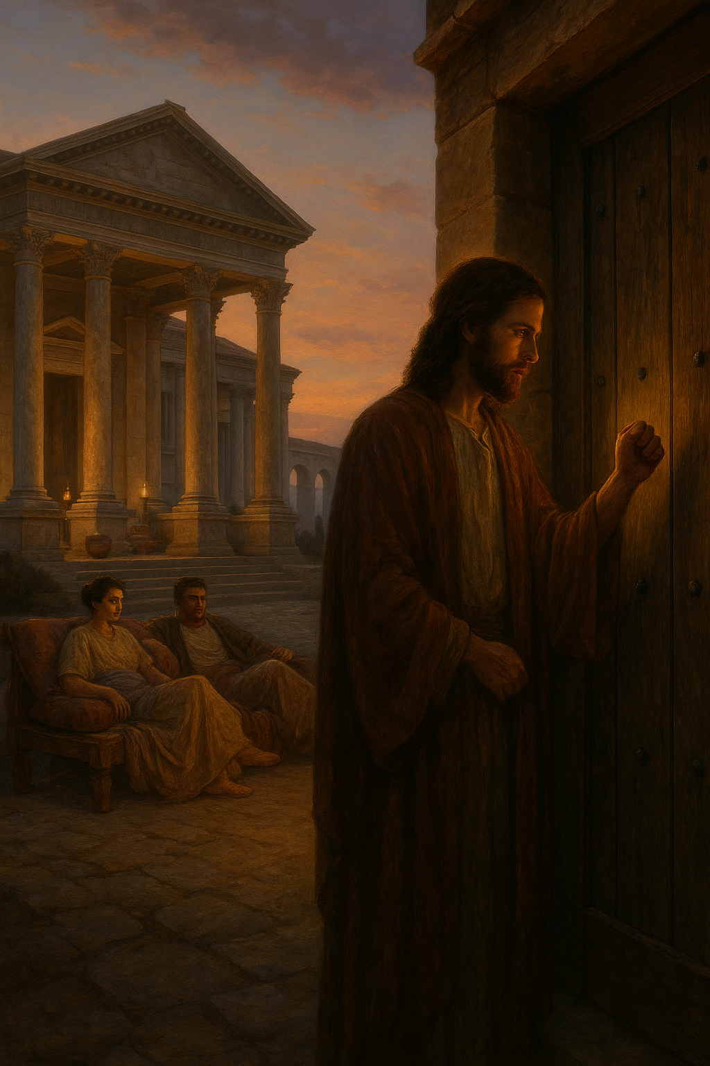 A man with long hair and a beard, dressed in traditional robes, stands at a large wooden door with a serious expression. Three people sit on a couch nearby, with ancient Greek architecture and a sunset sky in the background.