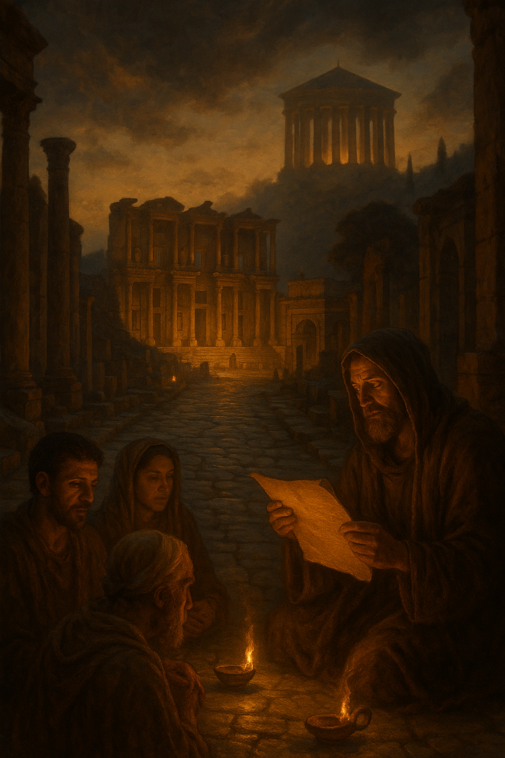 A painting depicting a group of people sitting around a small fire on a cobblestone street at night, with ruins and an ancient temple in the background, featuring dark clouds and a faintly lit sky.