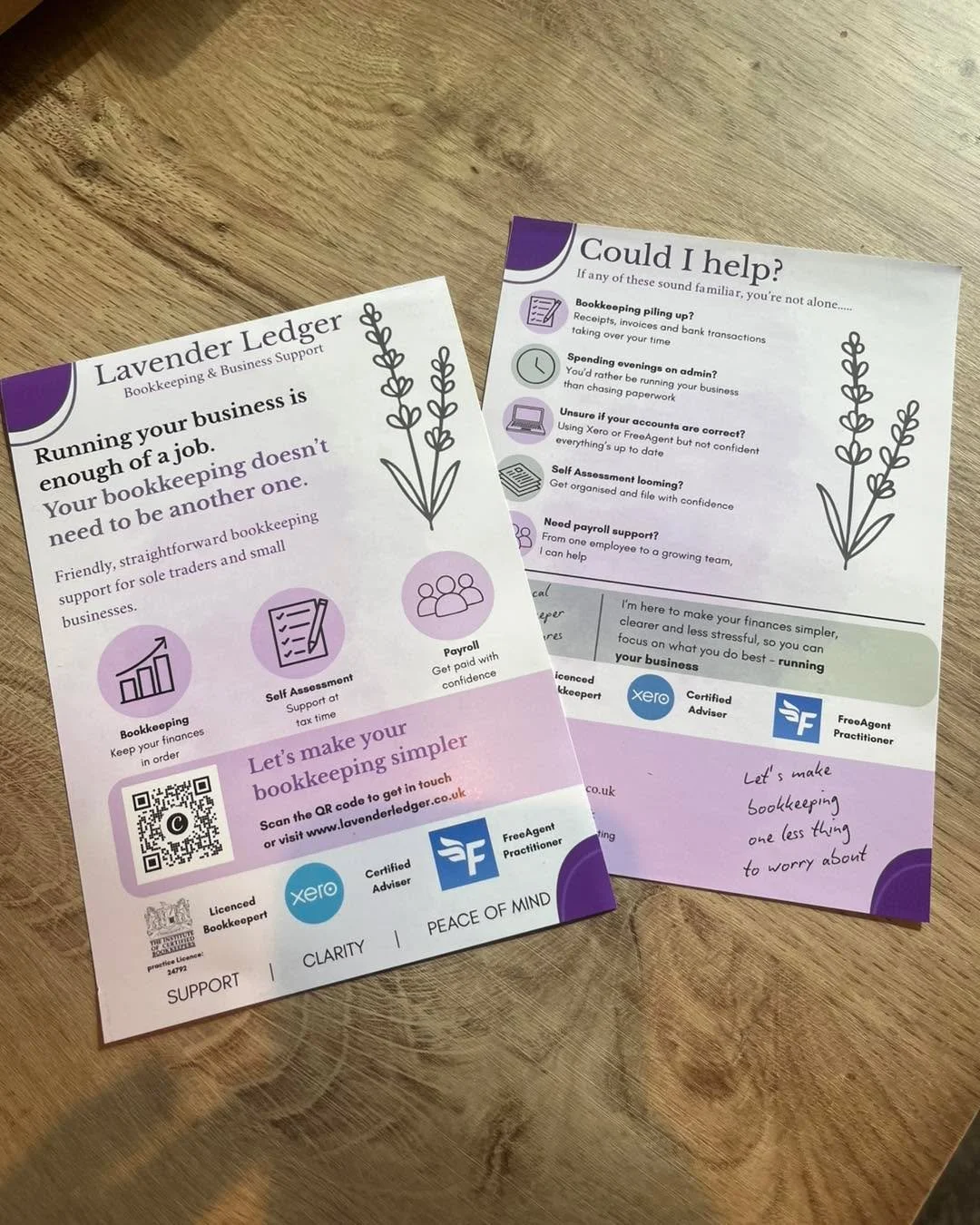 Lavender ledger is popping up in a few more local places!!

My new leaflets are now beginning to appear around Bracknell and the surrounding area. If you spot one, and know someone who could use friendly support with bookkeeping, payroll or Self Asse