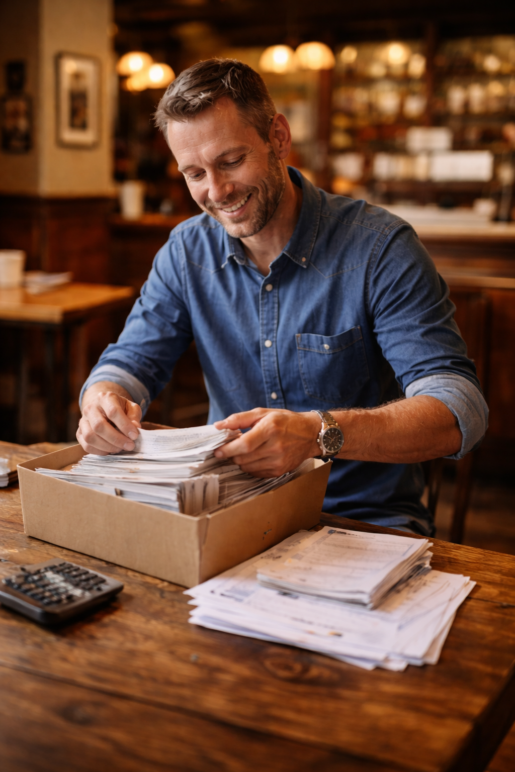 A man smiling while looking through a large stack of papers in a cardboard box at a wooden table in a cozy, warmly lit room.