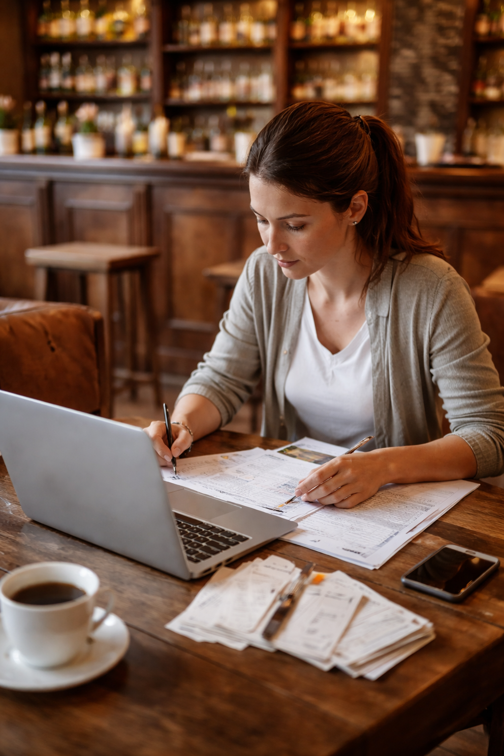 A woman sitting at a wooden table in a cozy cafe or library, working with a laptop, papers, and a pen, with a cup of coffee nearby.