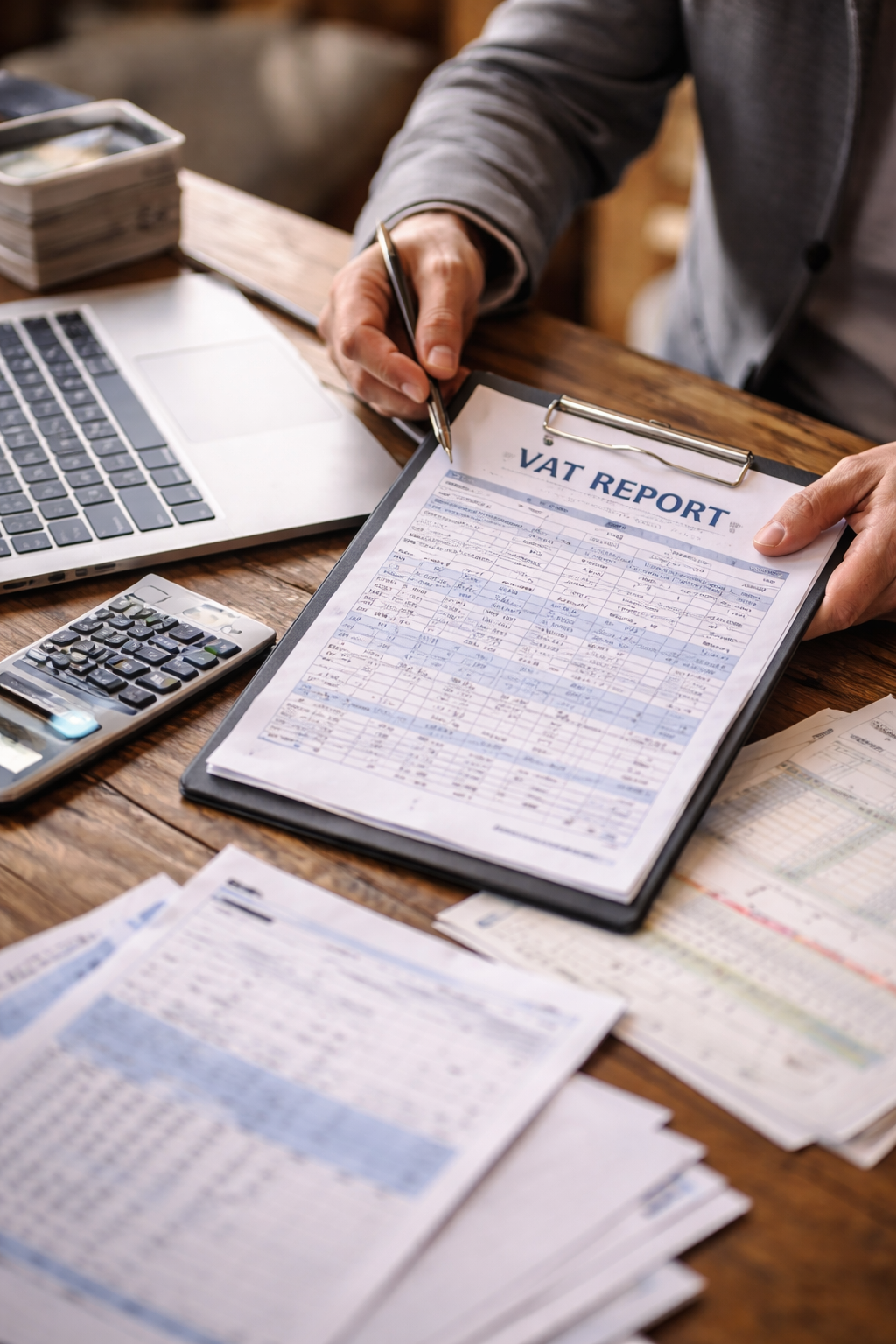 Person working on a VAT report at a wooden desk with papers, a calculator, a laptop, and a pen.