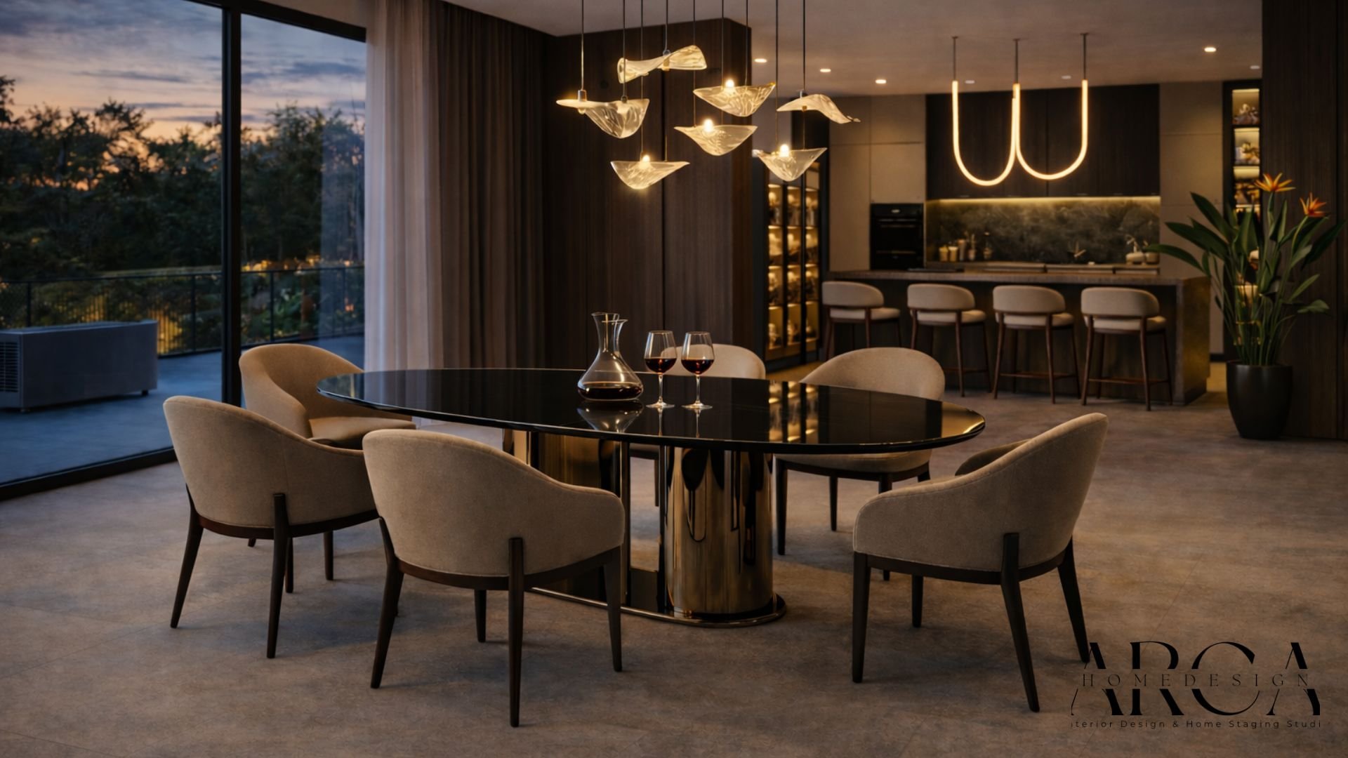 Eleganter Essbereich mit einem schwarzen ovalen Tisch, sechs bequemen beige Sessel, zwei Weingläser und eine Weinkaraffe, große Fenster mit Blick auf einen Balkon und die Natur, moderne Beleuchtung und Bar im Hintergrund, warme und stilvolle Atmosphä