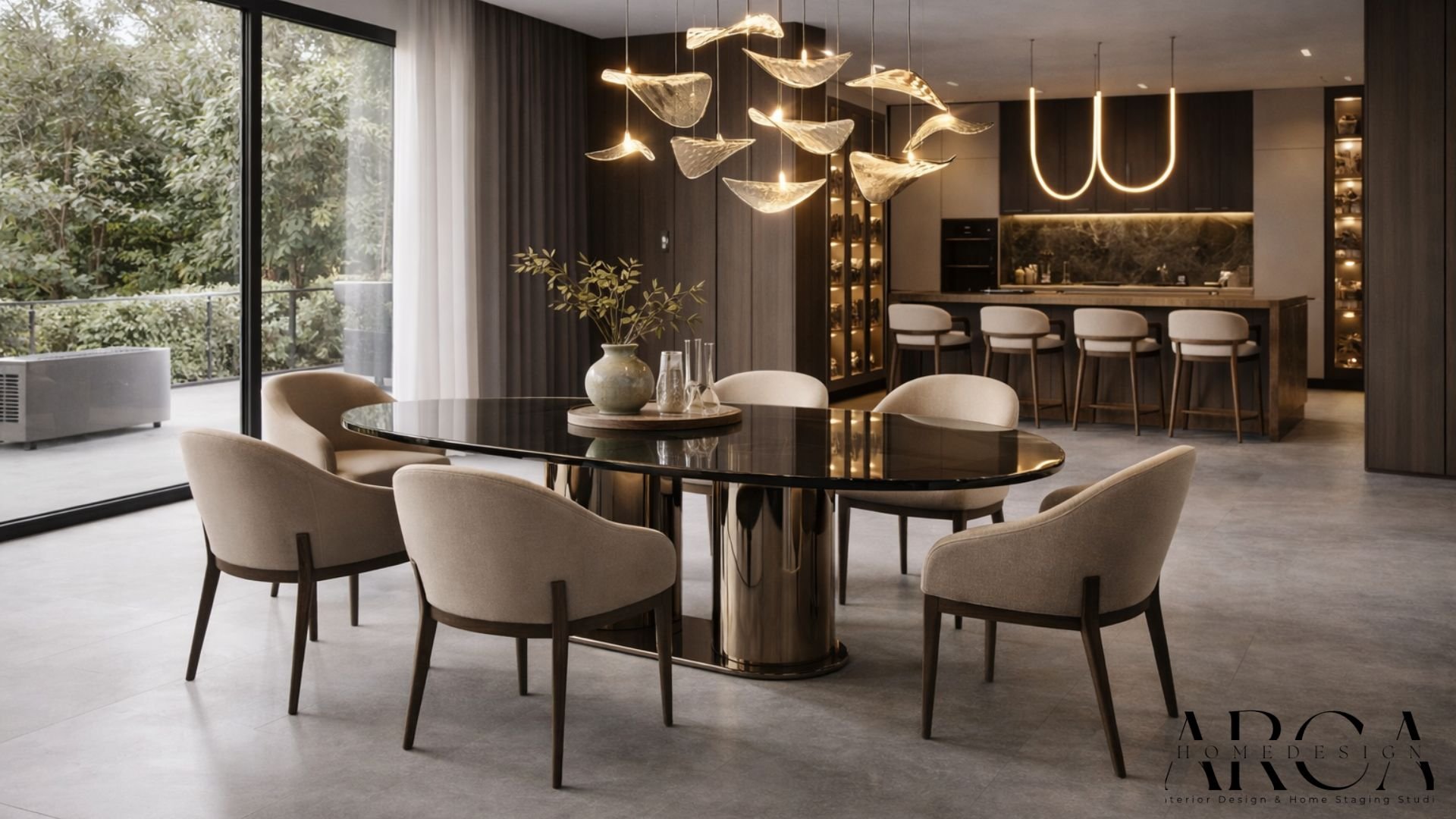 Moderne, elegante Küche mit einem runden Esstisch, sechs Stühlen, dekorativen Leuchten, einem Barbereich mit Barhockern, dunklen Holzschränken und viel natürlichem Licht durch große Fenster mit Blick auf einen Balkon und Grünflächen.