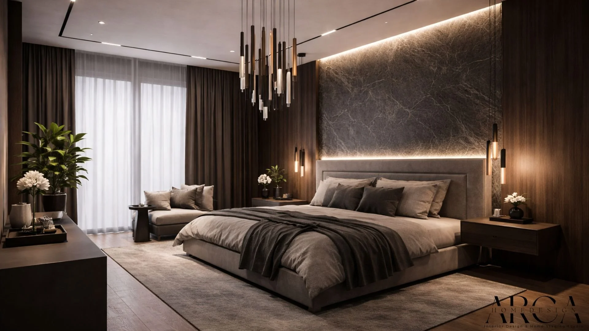 Modernes Schlafzimmer mit dunklen Holzwänden, einen großen Bett mit grauen Bettwäsche und Kissen, seitlichen Nachttischen mit Lampen, Sofa mit Kissen, großen Fenster mit weißen und dunklen Vorhängen, Pflanzen und einer Deckengalerei mit hängenden Lic