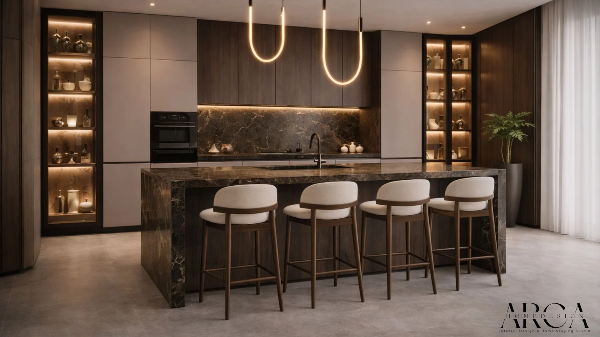 Moderne Küche mit dunklem Holz, grauen und weißen Schränken, einer schwarzen Marmor-Arbeitsplatte, offenen Regalen mit Beleuchtung, drei Barhockern mit weißen Polstern, einem schwarzen Wasserhahn, einem Essbereich mit weißen Vorhängen und einer große