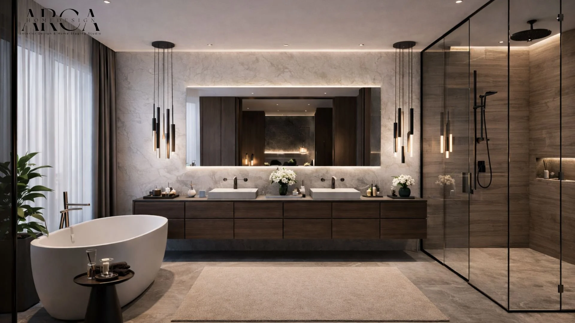 Ein modernes Badezimmer mit einer freistehenden weißen Badewanne, einer großen Holz-Waschtisch mit zwei Waschbecken, großen Spiegeln, vorragender Beleuchtung, einem Duschenbereich mit Glastür, dunklen Elementen und vielen dekorativen Pflanzen.