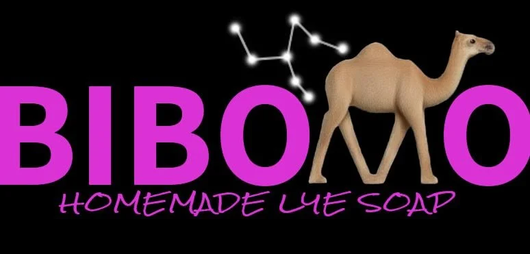 A logo for BIBO Homemade LyE Soap featuring the word 'BIBO' in large pink letters, with a giraffe standing on the letter 'O', and a constellation above the word.