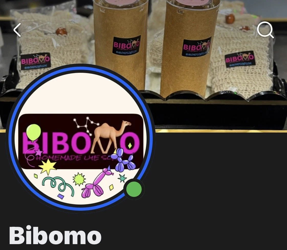 A logo for Bibomo with pink, black, and yellow text and illustrations of balloons, confetti, and a camel. The background shows two cups and items on a tray labeled Bibomo.