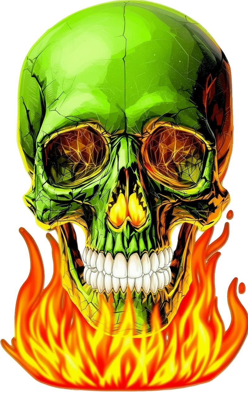 A colorful skull with green and black tones surrounded by orange flames.