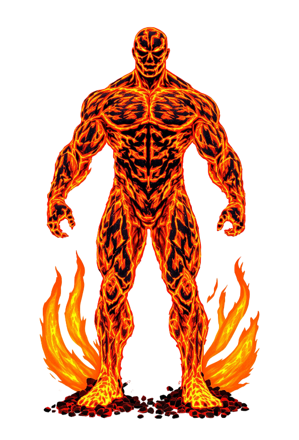 A digital illustration of a muscular human figure made of fire, standing on a bed of glowing embers with flames surrounding its feet against a black background.