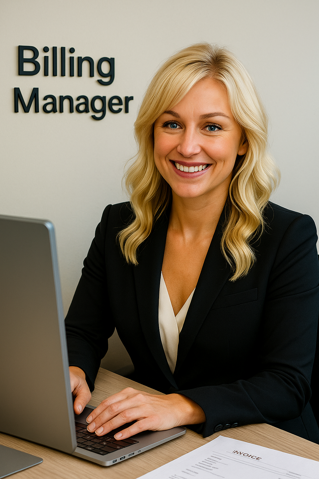 A smiling blonde woman in business attire sitting at a desk, working on a laptop in an office with a sign reading 'Billing Manager' behind her.