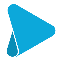 Blue triangular play button icon with a curled corner on a black background.