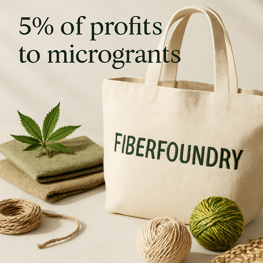 Hemp-based products with note showing 5% reinvestment into microgrants.