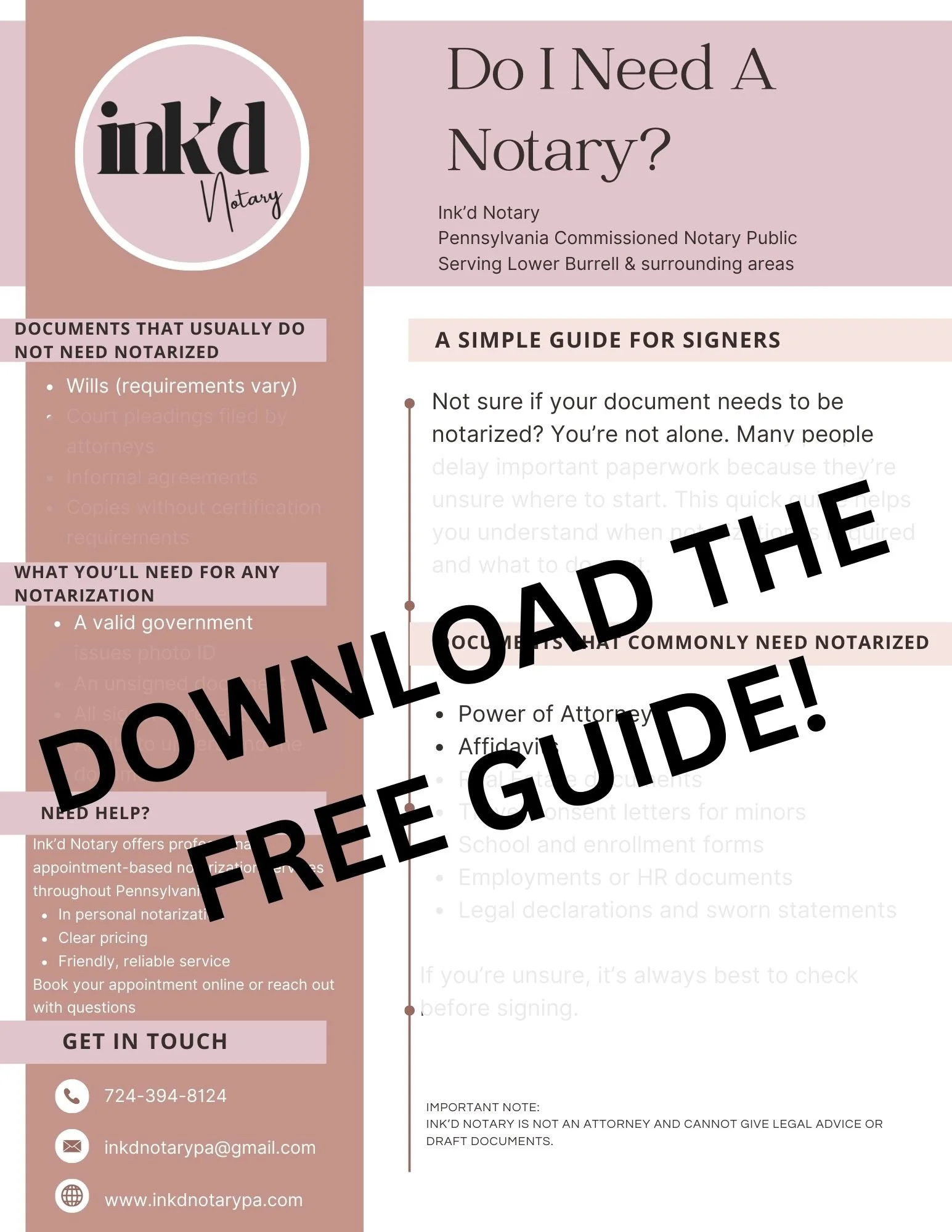 An informational flyer from Ink'd Notary about when a notary is needed. The flyer includes sections on documents that do not require notarization, what is needed for notarization, common documents that need notarization, help contact information, and a disclaimer. The flyer features a logo in the top left corner, with a background in various shades of pink and purple, and has the text 'Download the Free Guide!' across the center in large, black letters.