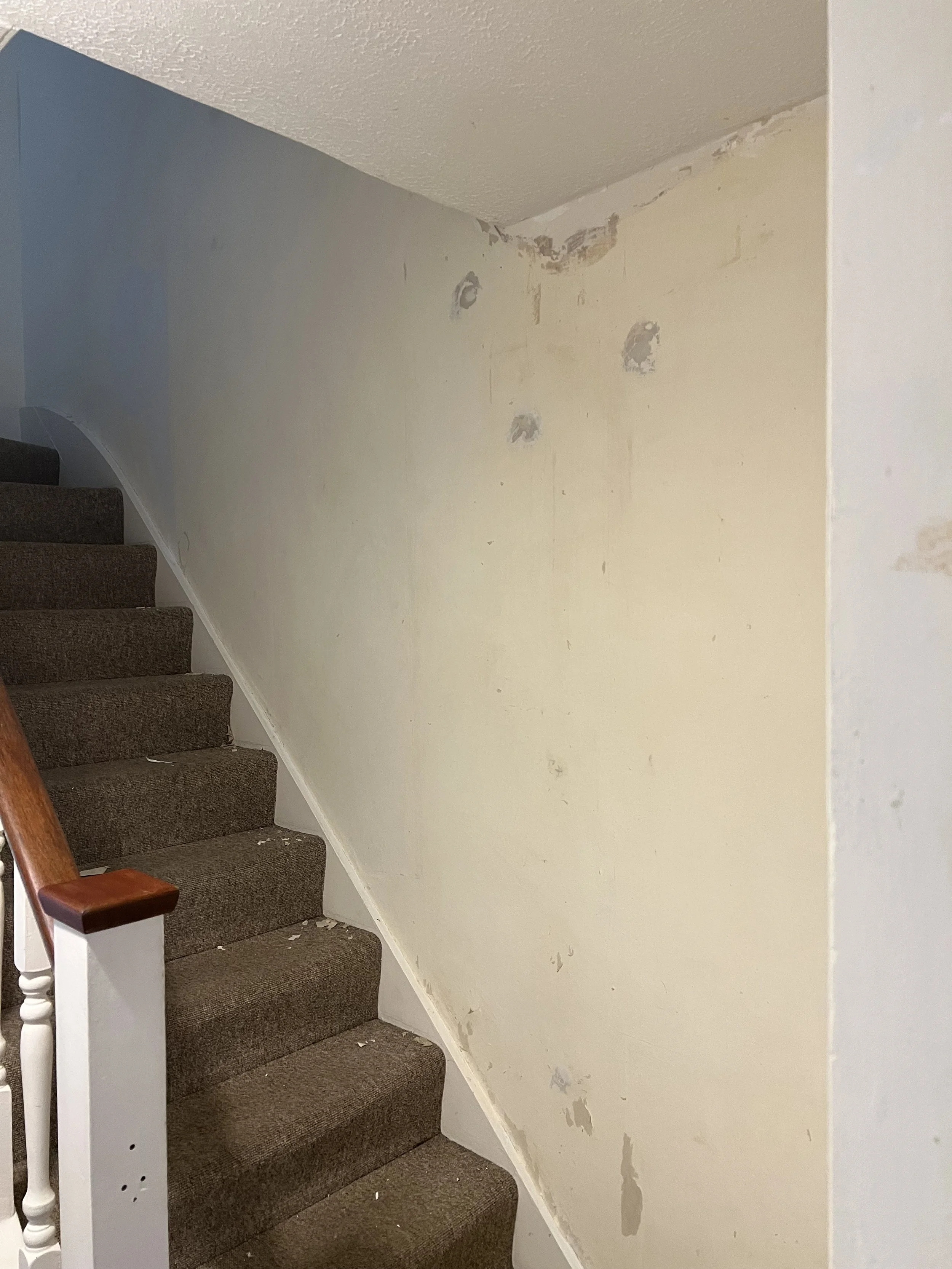 The carpets were tired and old and needed a refresh, so we removed them. The walls were damp and battered. The banister was tatty.
